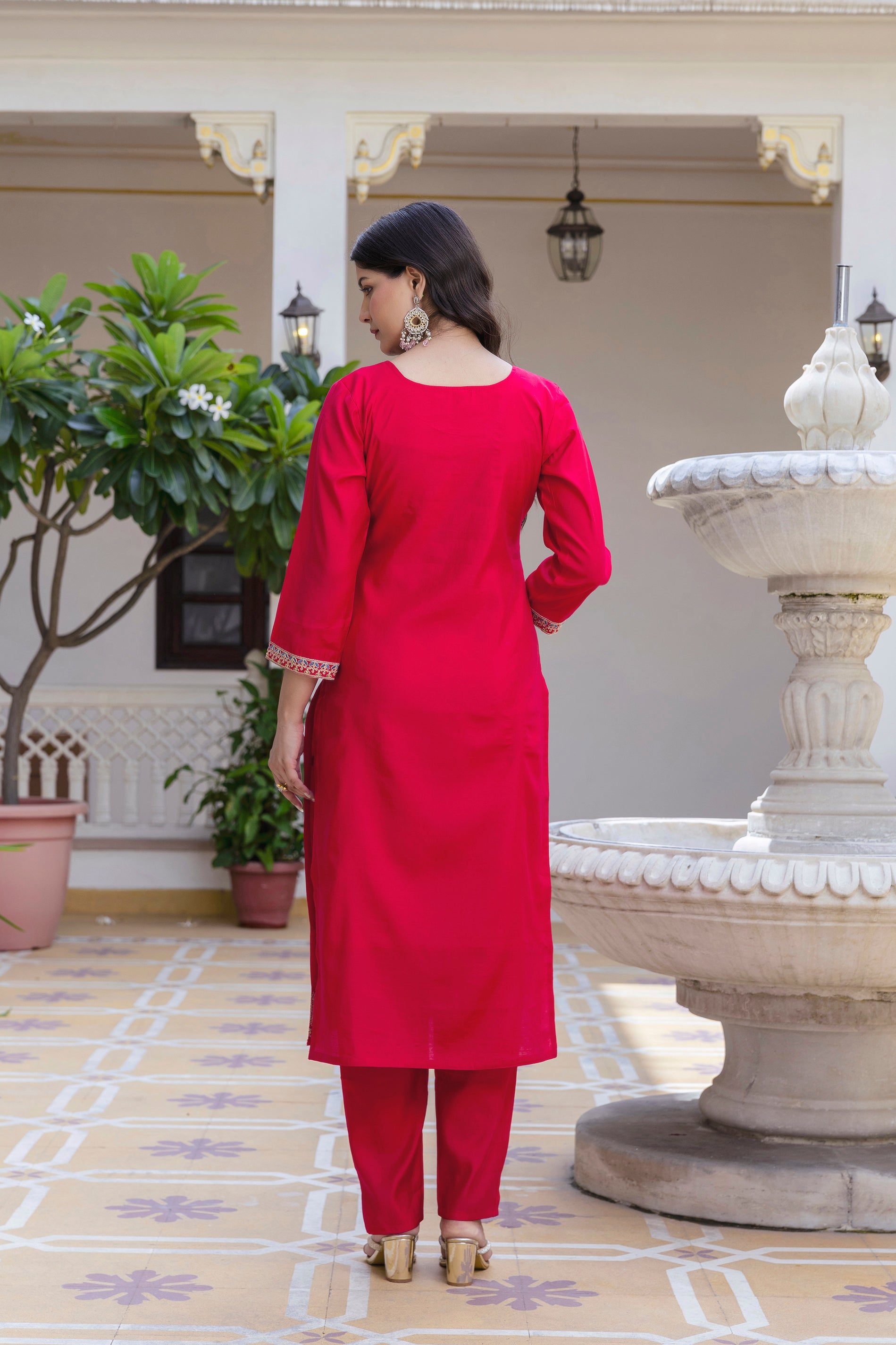 Rani Pink Embroidered Kurta Pant Set with Jacquard Dupatta