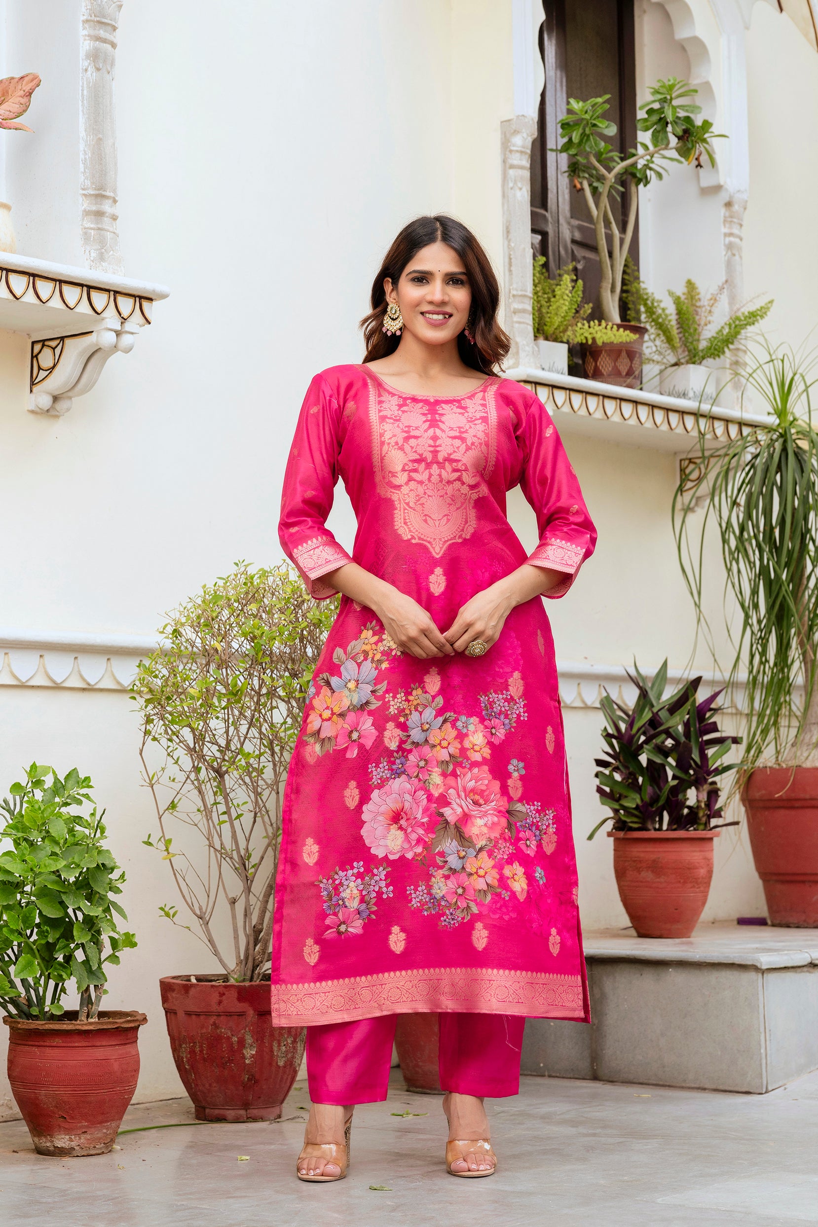Luxury Woven Floral Ethnic Suit Set with Dupatta