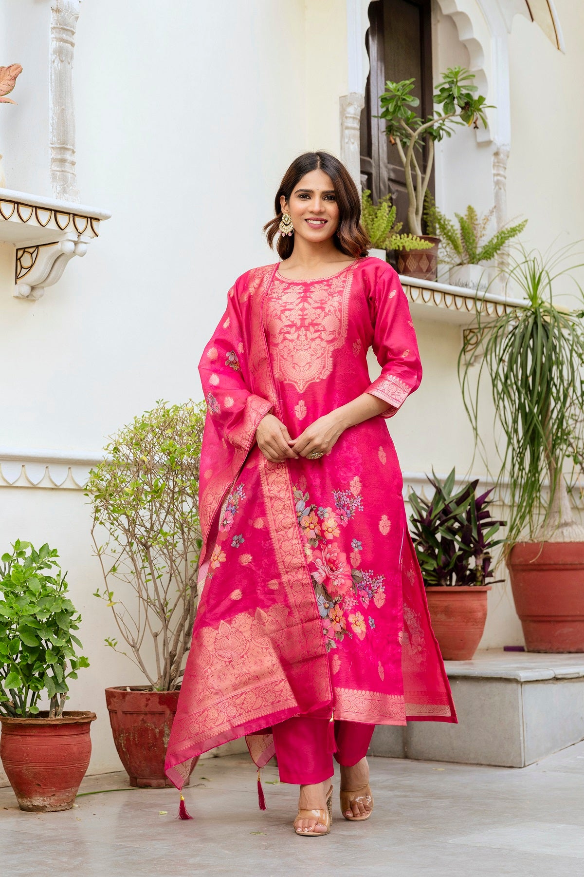 Luxury Woven Floral Ethnic Suit Set with Dupatta