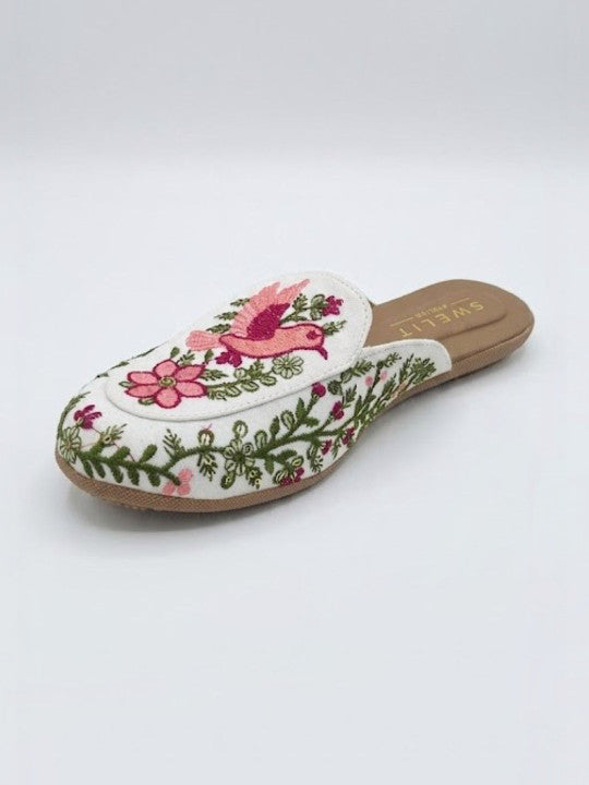 Pink Bird Embroidered Ethnic Mule Flats for Women