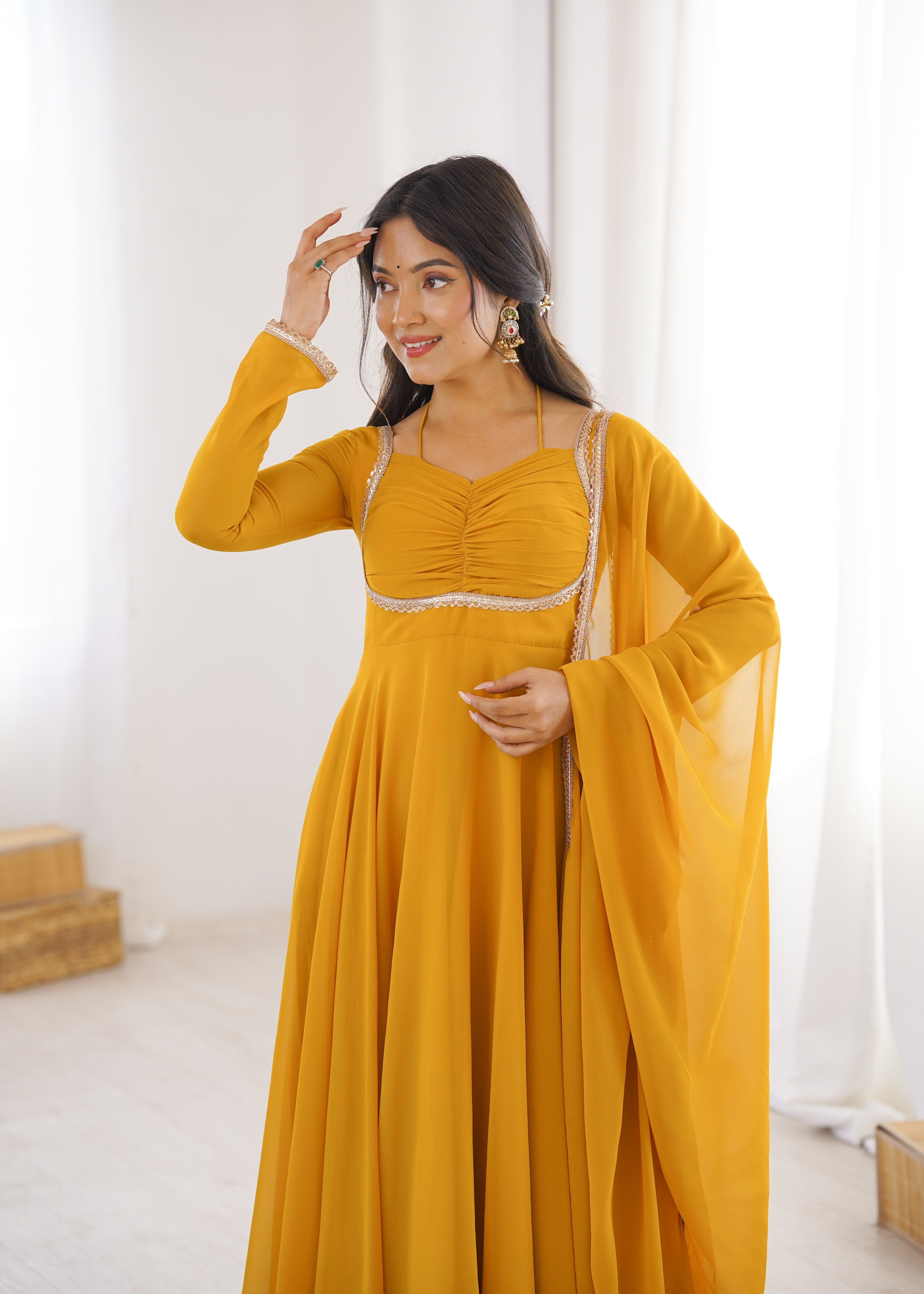 Elegant Yellow Anarkali Suit Set with Dupatta – Premium Party Wear Gown