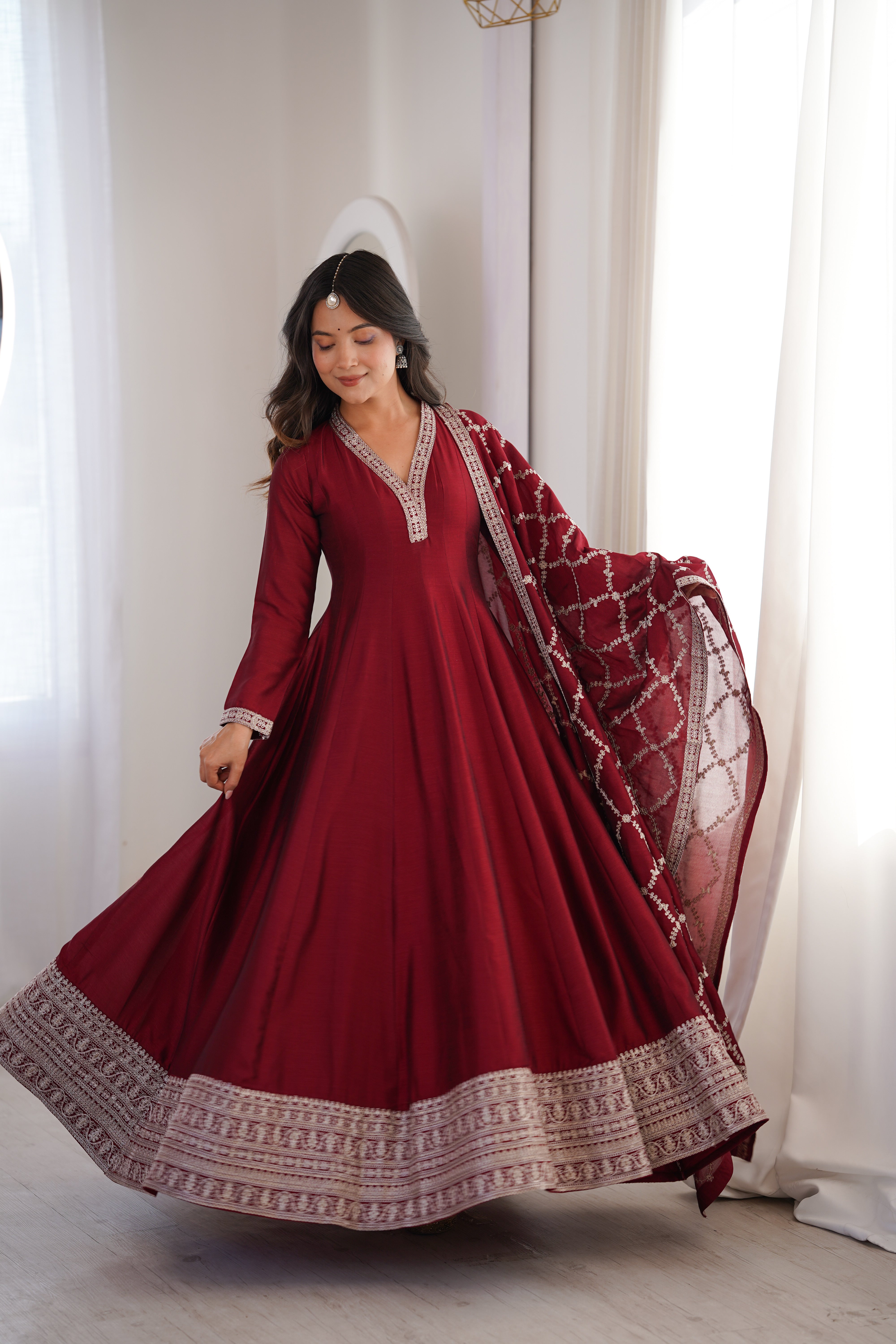 Maroon Embroidered Anarkali Suit Set with Dupatta – Festive & Party Wear
