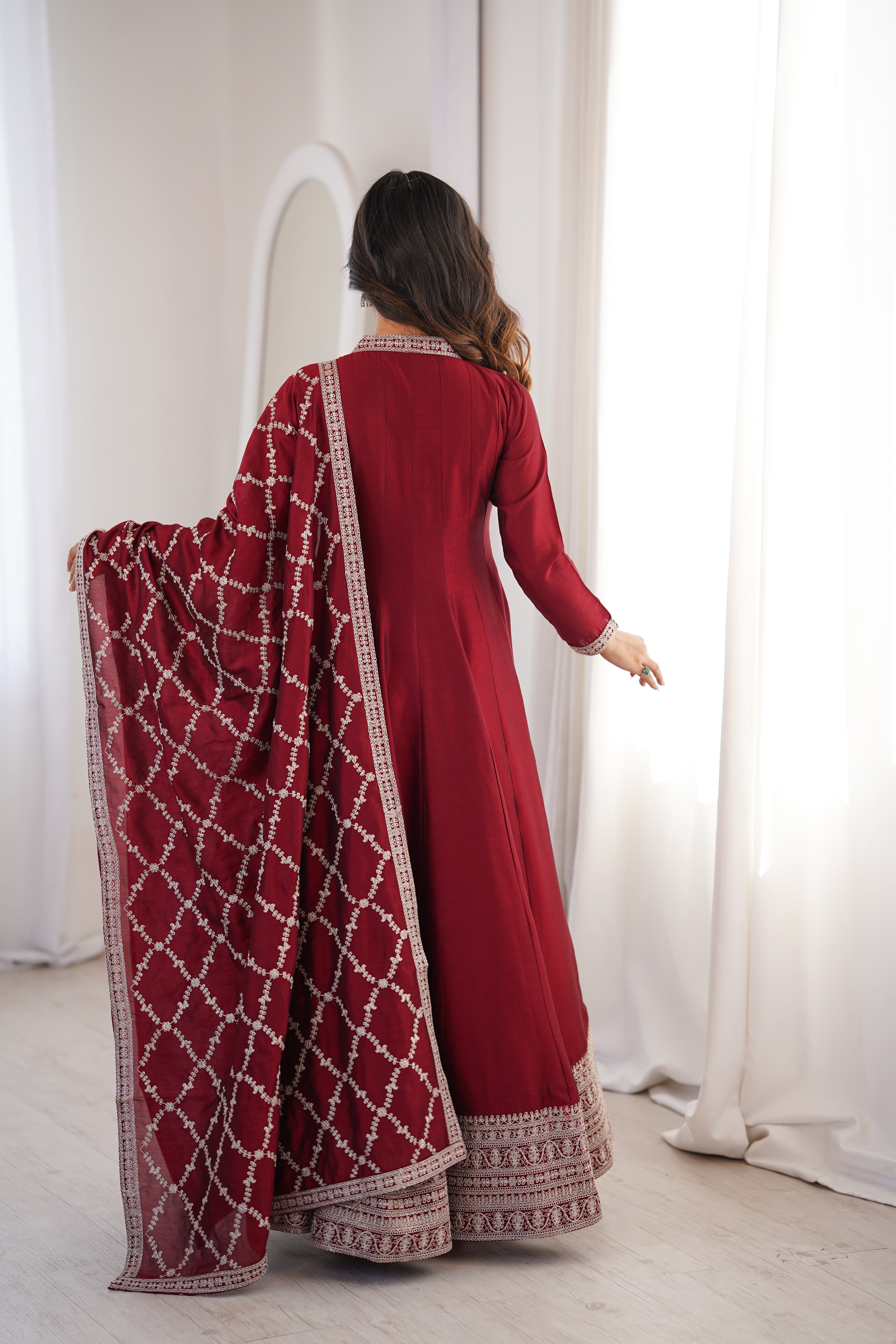 Maroon Embroidered Anarkali Suit Set with Dupatta – Festive & Party Wear