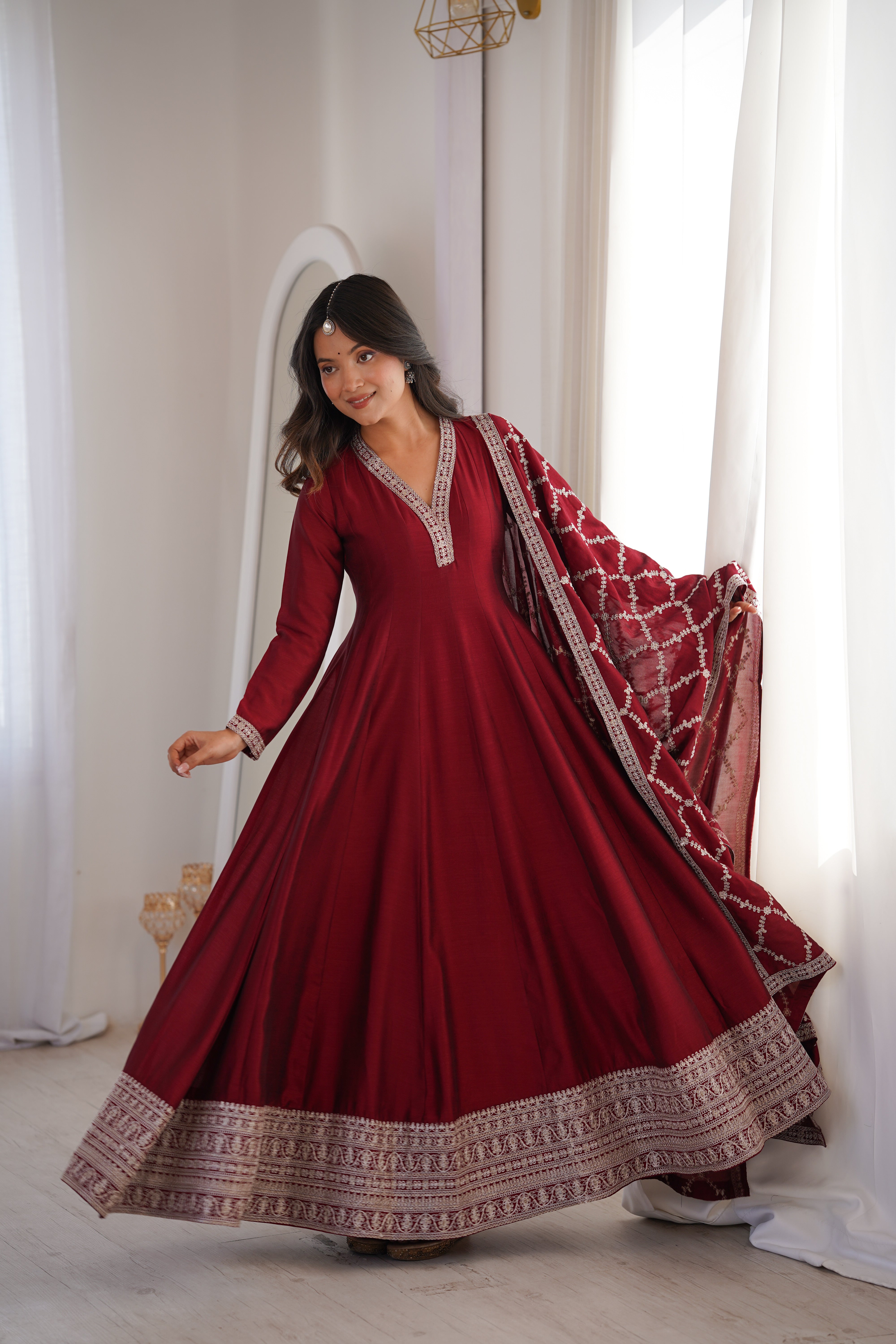Maroon Embroidered Anarkali Suit Set with Dupatta – Festive & Party Wear