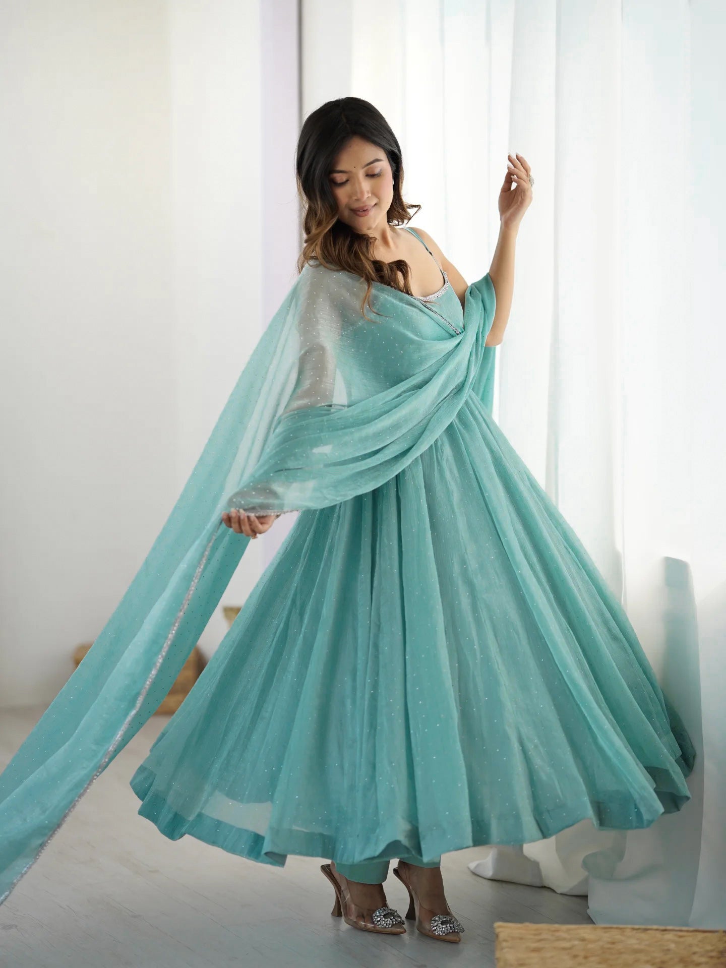 Women's Sea Green Shimmer Anarkali Gown with Dupatta