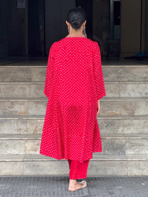 Handmade & Handembroidered Bandhini Silk Kurta set