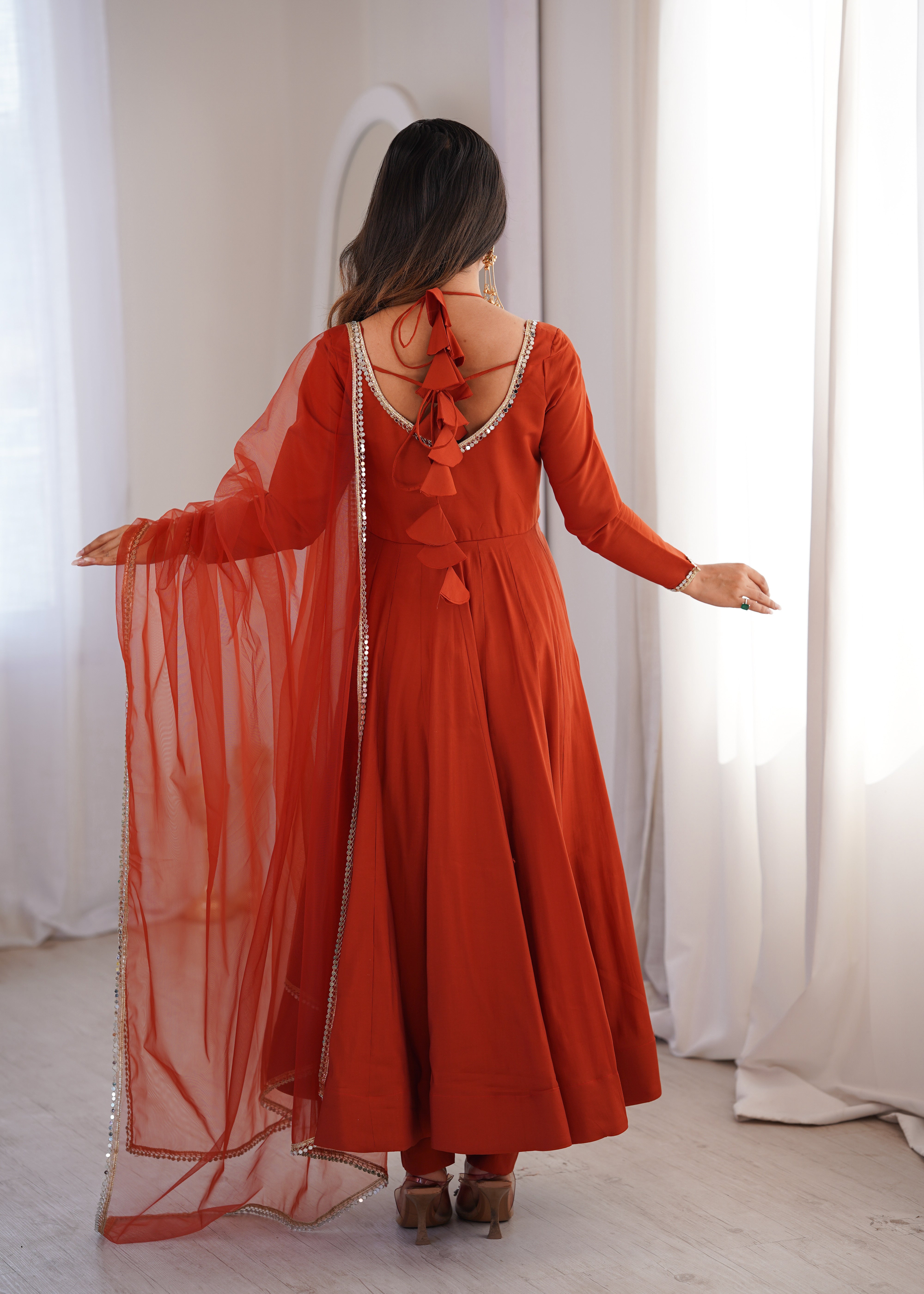 Rust Orange Embellished Anarkali Suit Set with Organza Dupatta