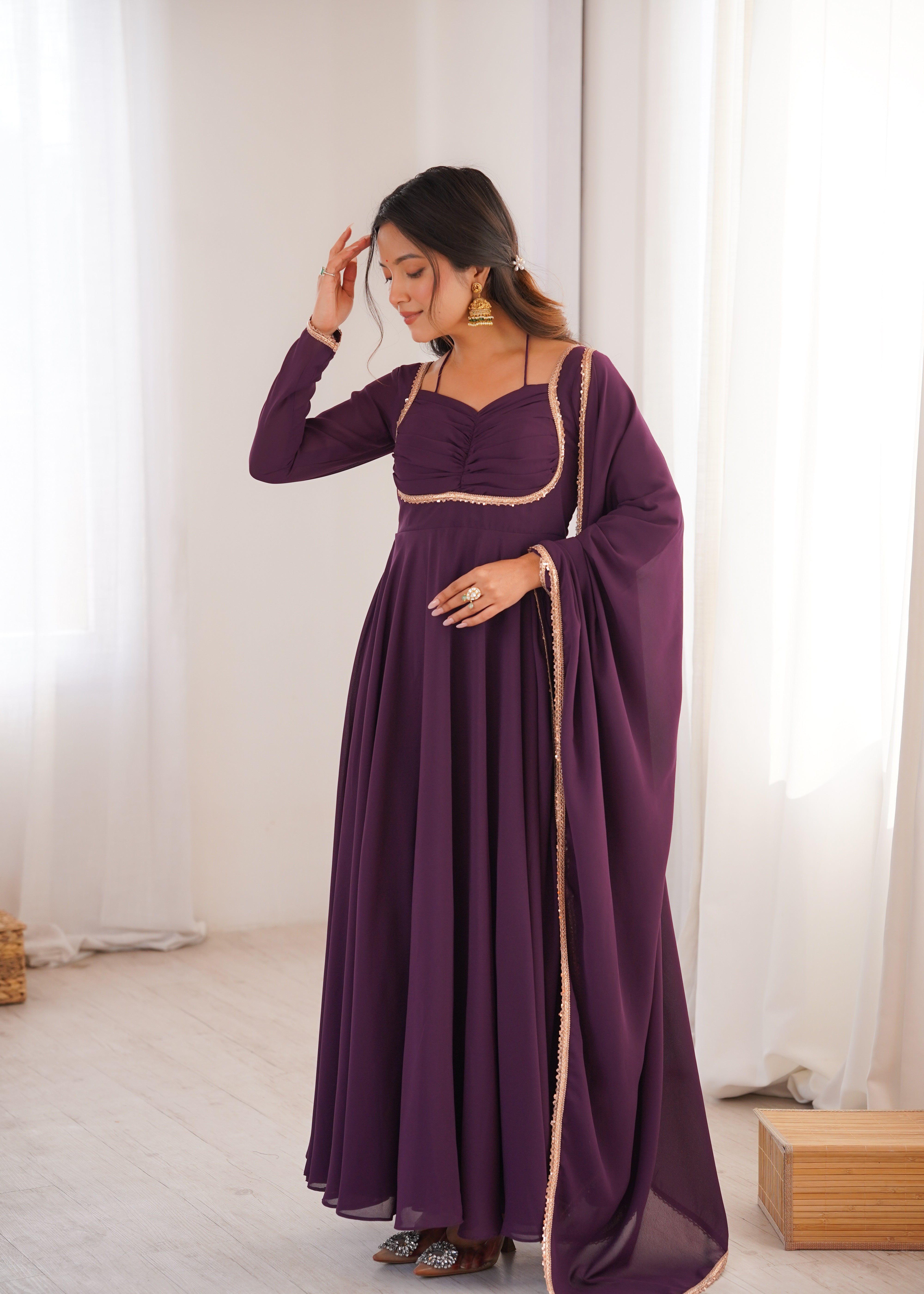 Royal Plum Pleated Yoke Anarkali Suit Set with Dupatta