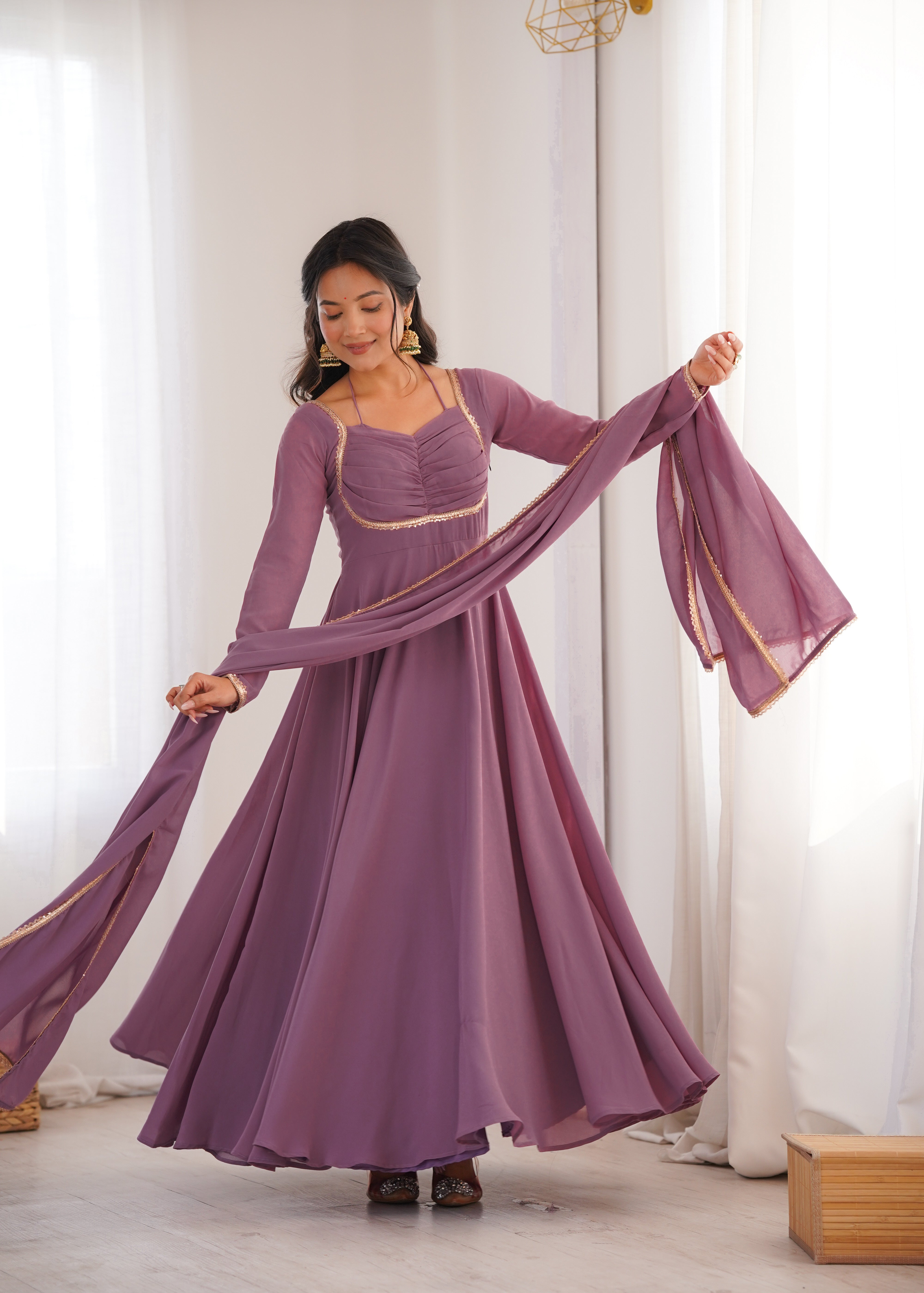 Dusty Mauve Pleated Yoke Anarkali Suit Set with Dupatta