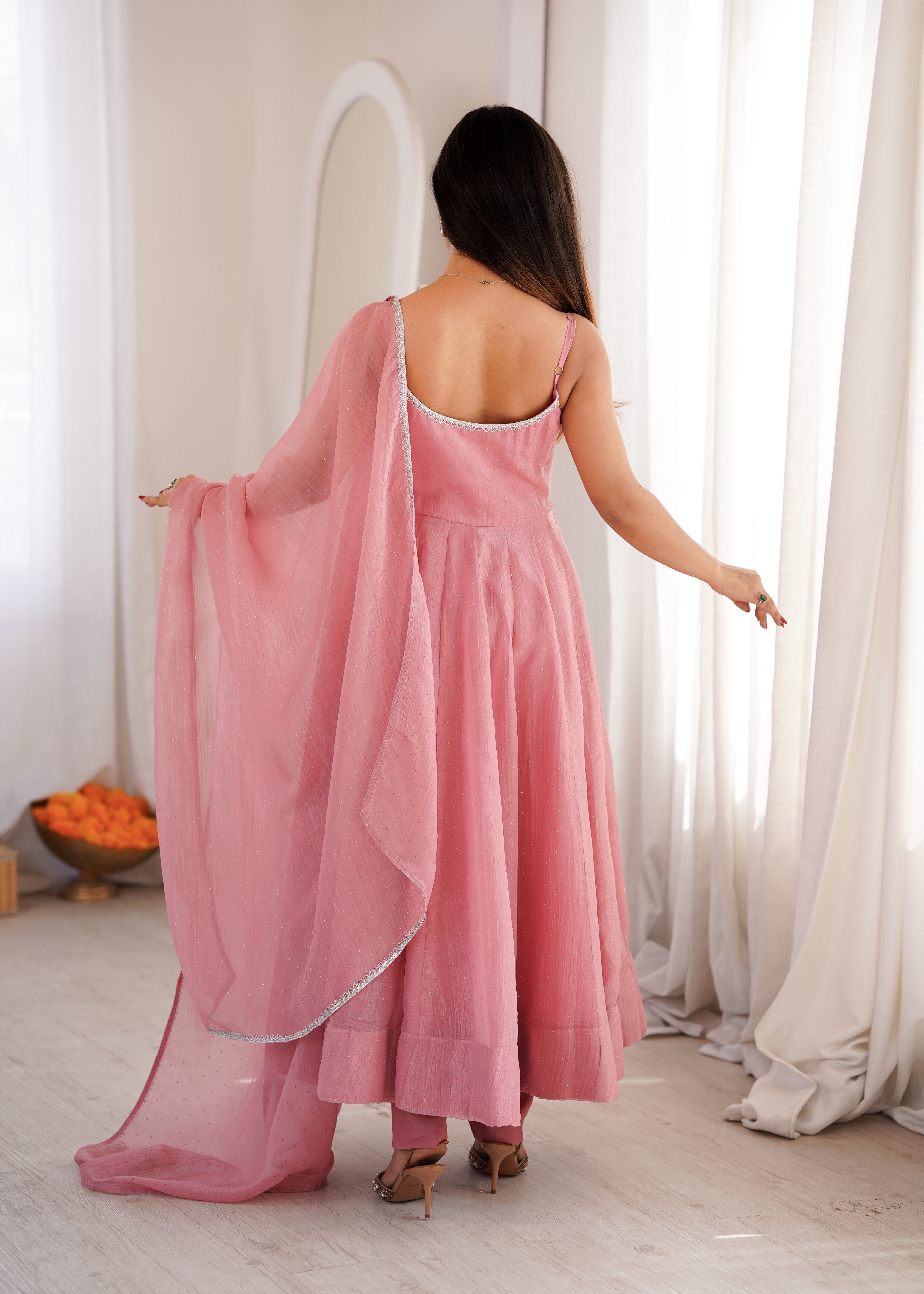 Blush Pink Shimmer Organza Anarkali Gown with Dupatta