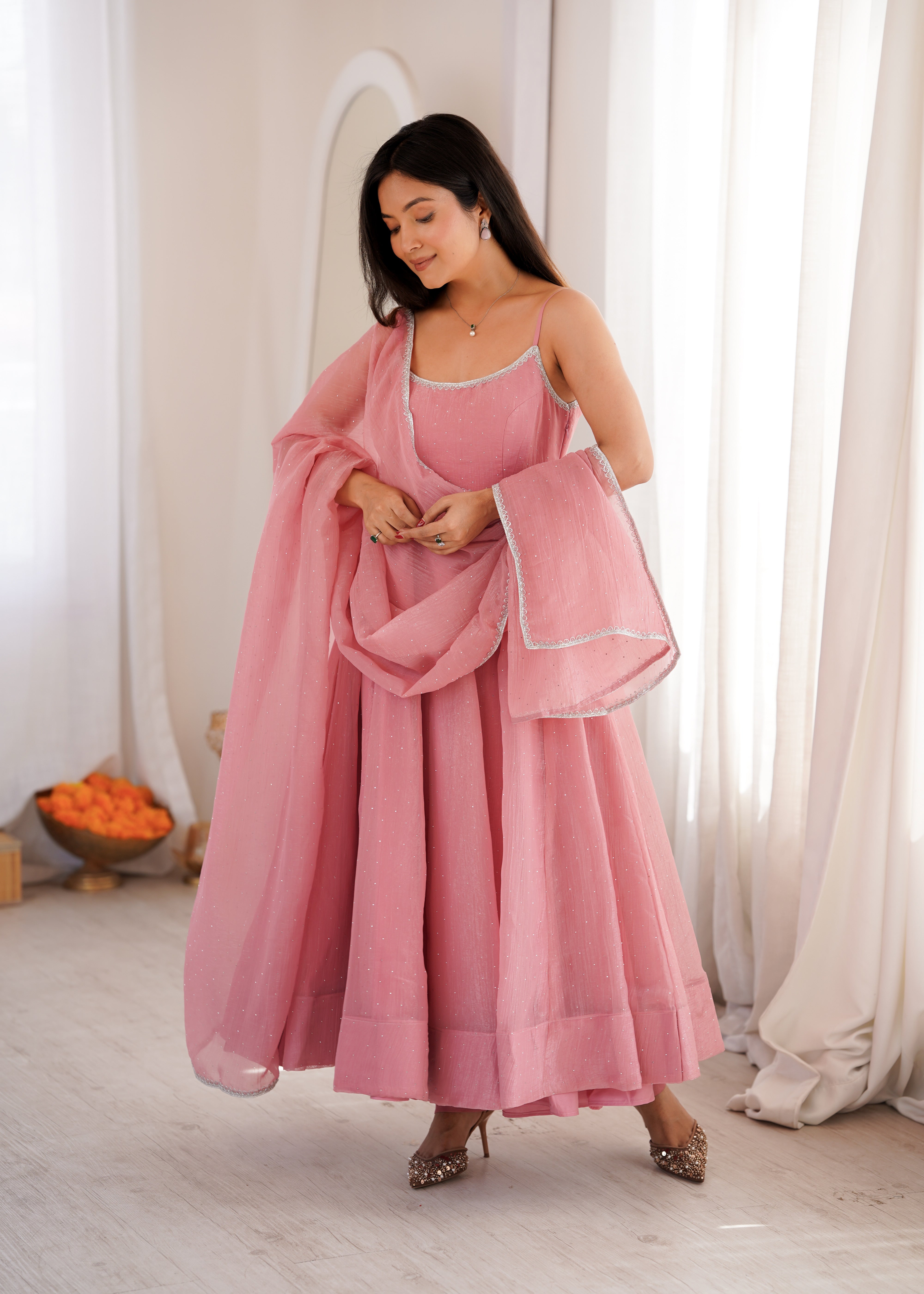 Blush Pink Shimmer Organza Anarkali Gown with Dupatta