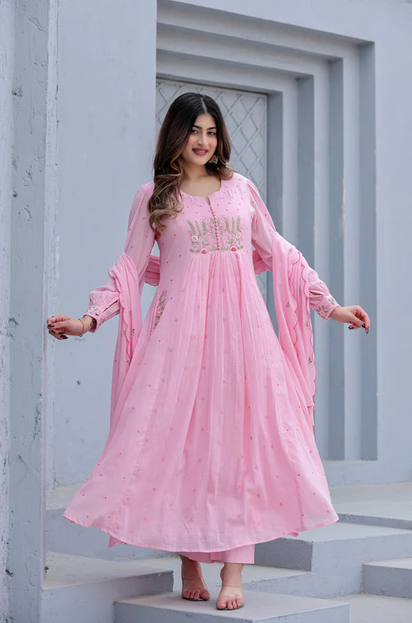 Elegant Embroidered Anarkali Kurta Set with Dupatta – Ivory, Lime Green & Blush Pink