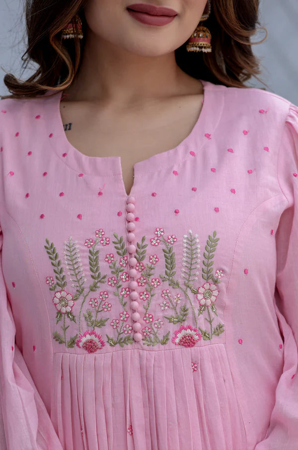 Elegant Embroidered Anarkali Kurta Set with Dupatta – Ivory, Lime Green & Blush Pink