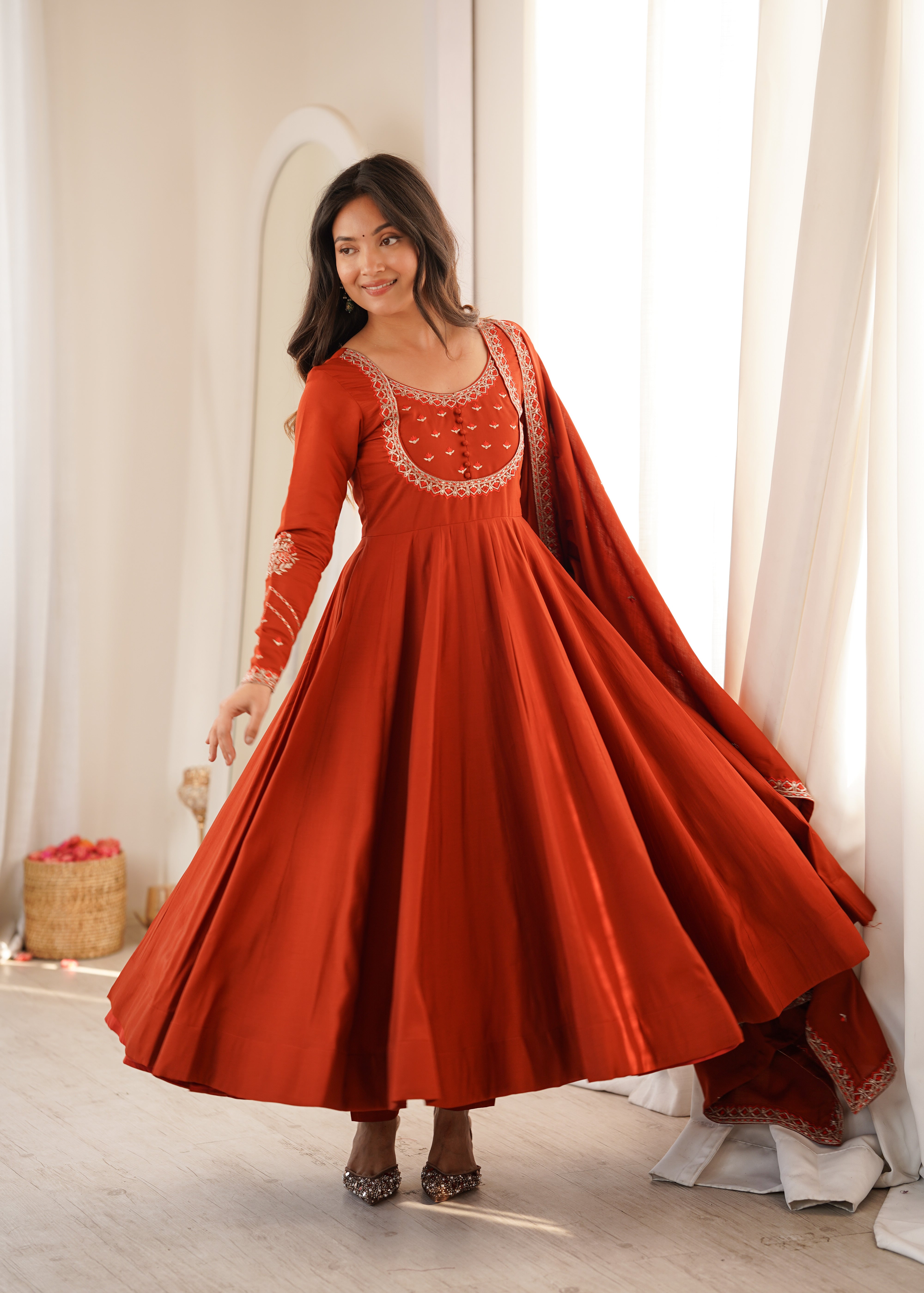 Rust Red Embroidered Yoke Anarkali Suit Set with Dupatta