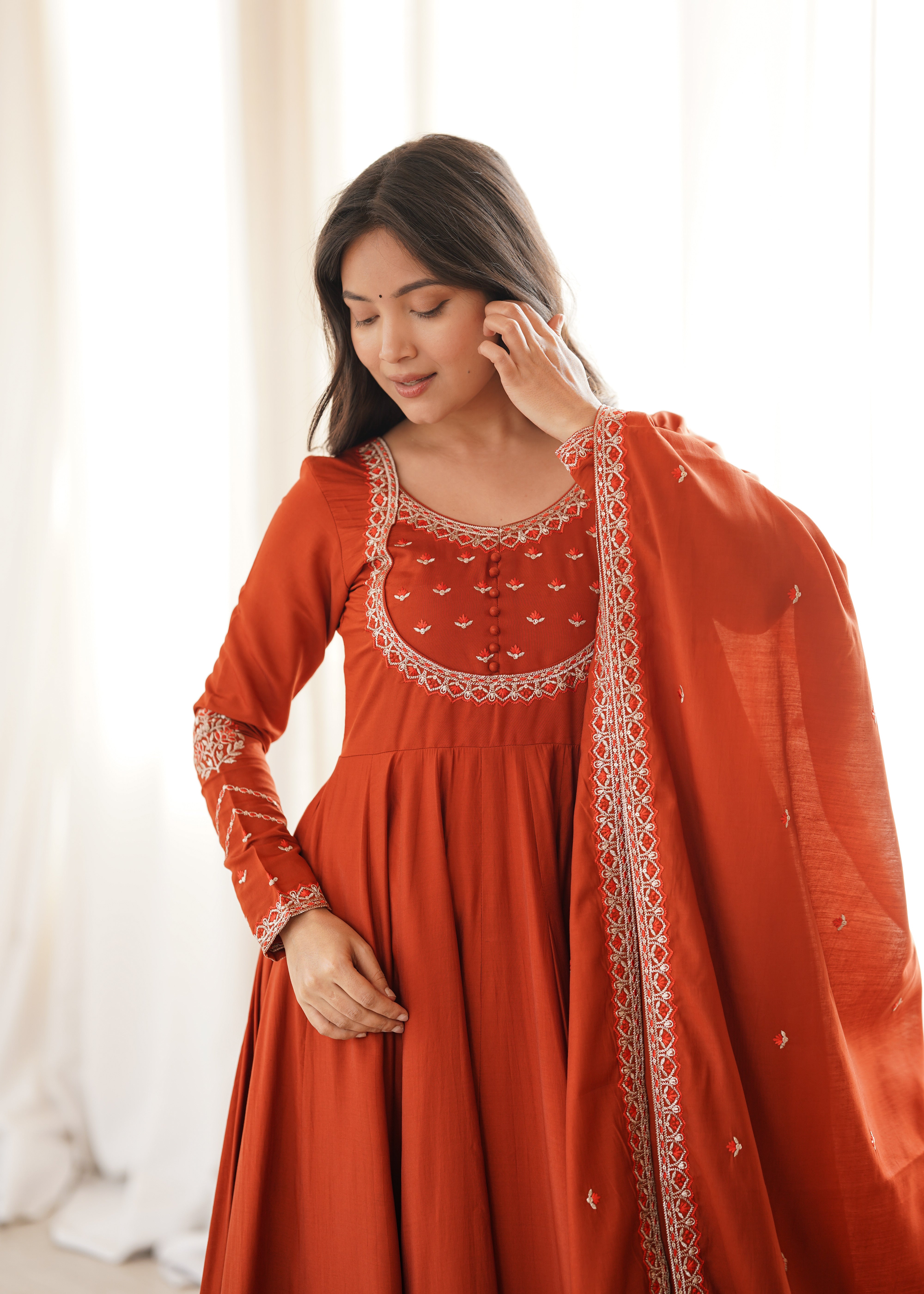 Rust Red Embroidered Yoke Anarkali Suit Set with Dupatta