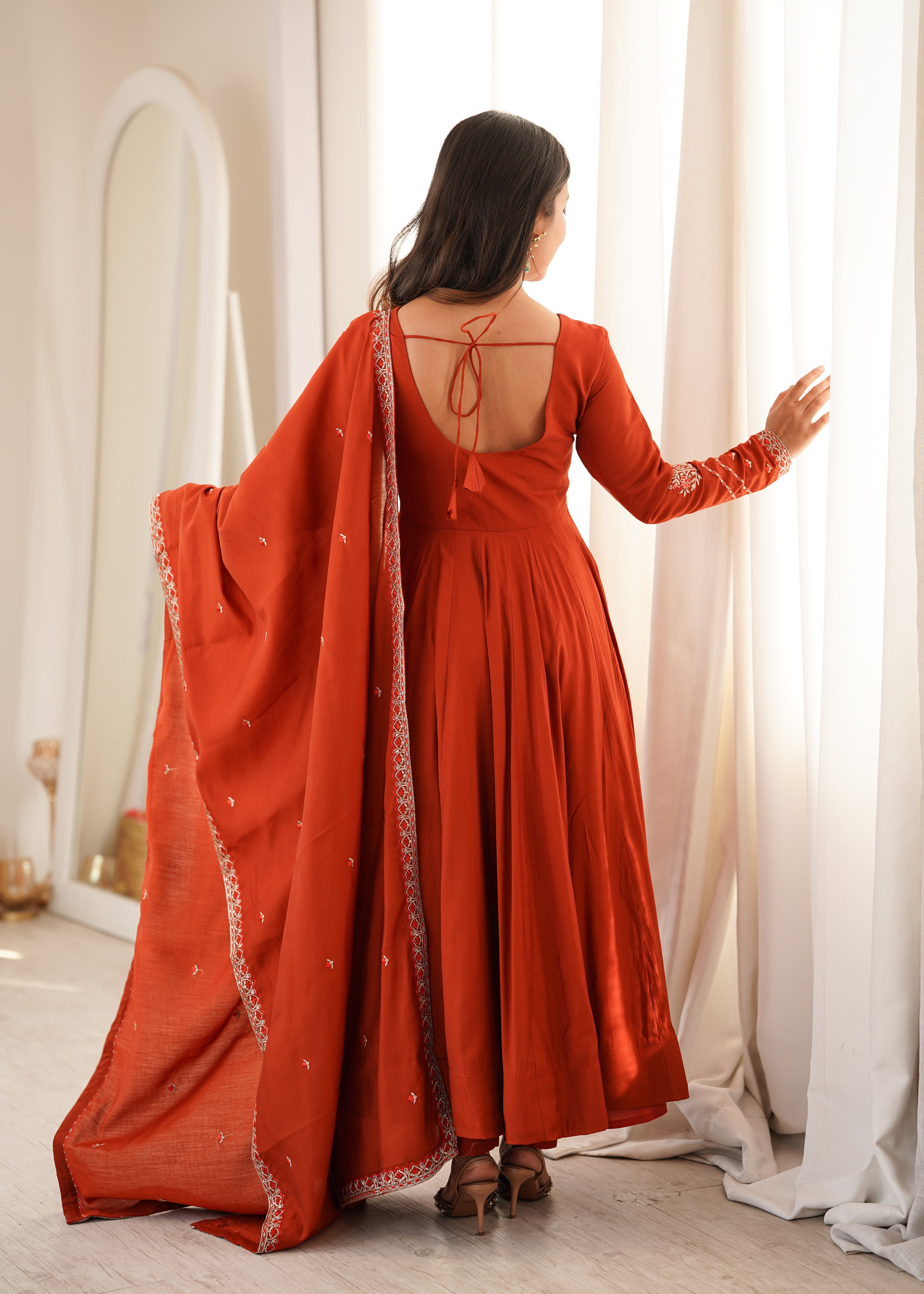 Rust Red Embroidered Yoke Anarkali Suit Set with Dupatta