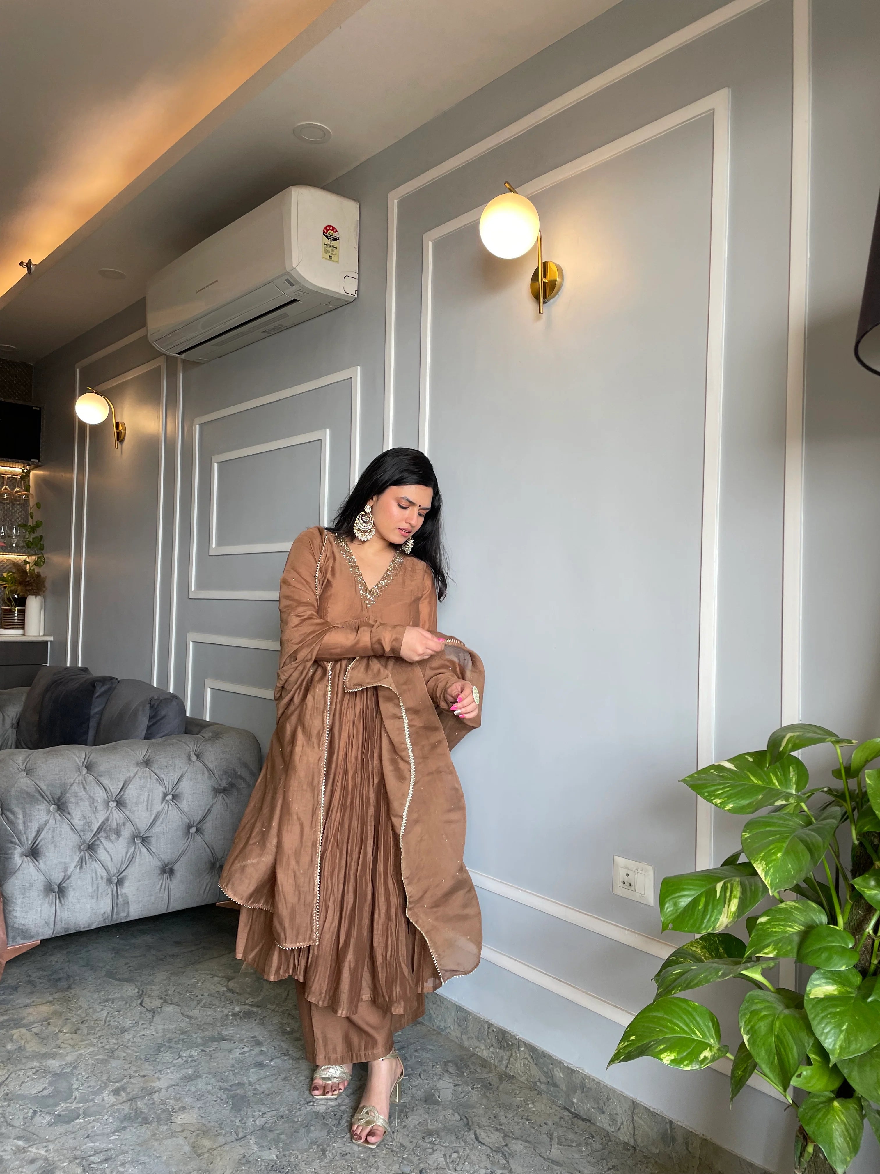 Golden/Muted-Brown Mul Chanderi anarkali with churi sleeves Set of 3