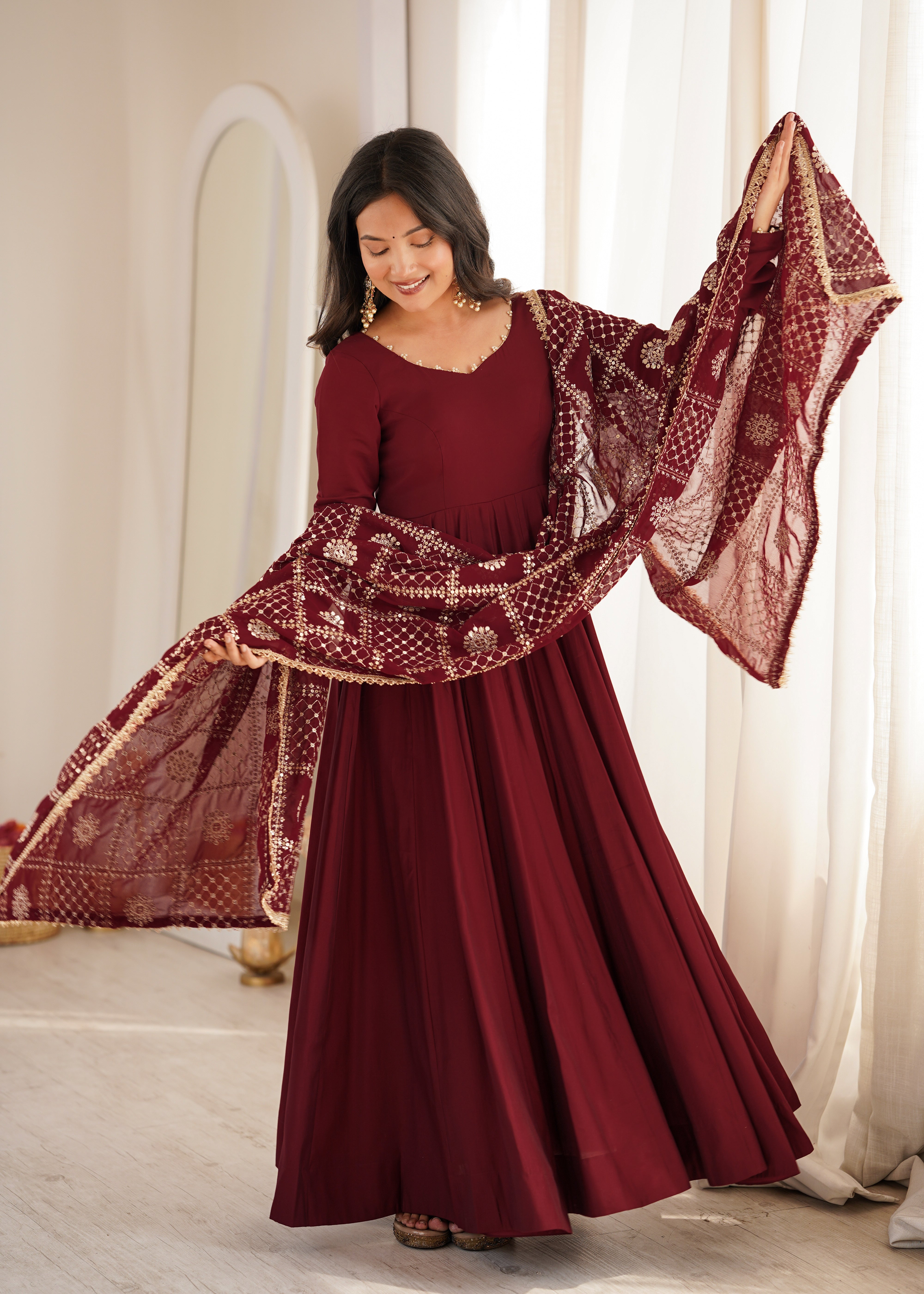 Maroon Flared Anarkali Gown with Embroidered Net Dupatta