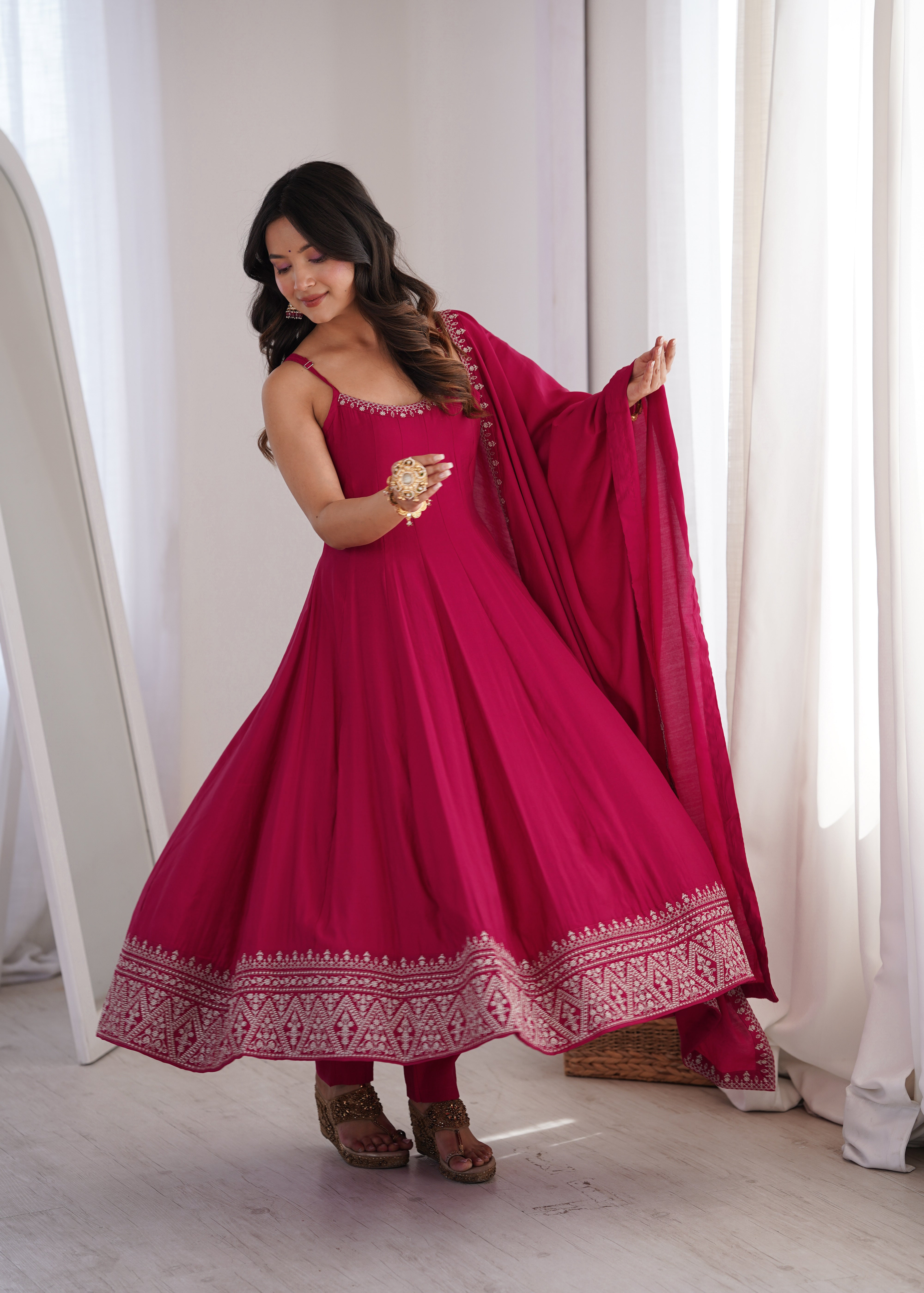 Rani Pink Embroidered Flared Anarkali Gown with Dupatta