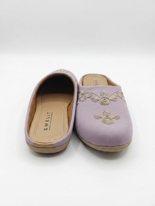 Traditional Purple Embroidered Flat Mules for Women