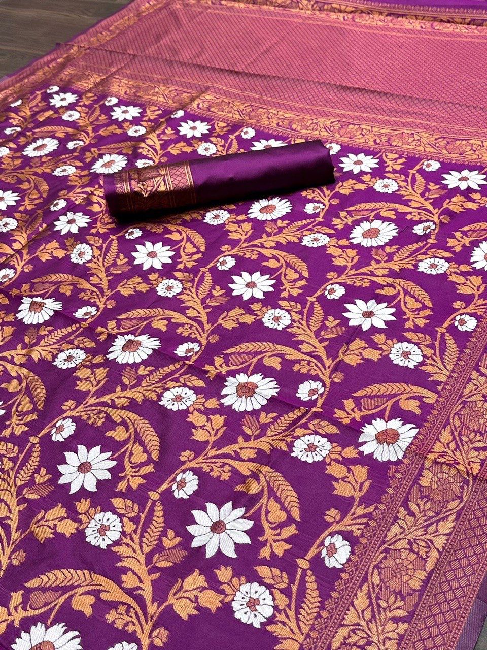 Royal Banarasi Silk Saree with Rich Zari Weaving – Purple & Rose Gold