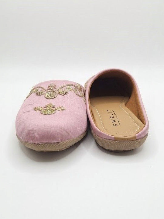 Traditional Pink Embroidered Flat Mules for Women