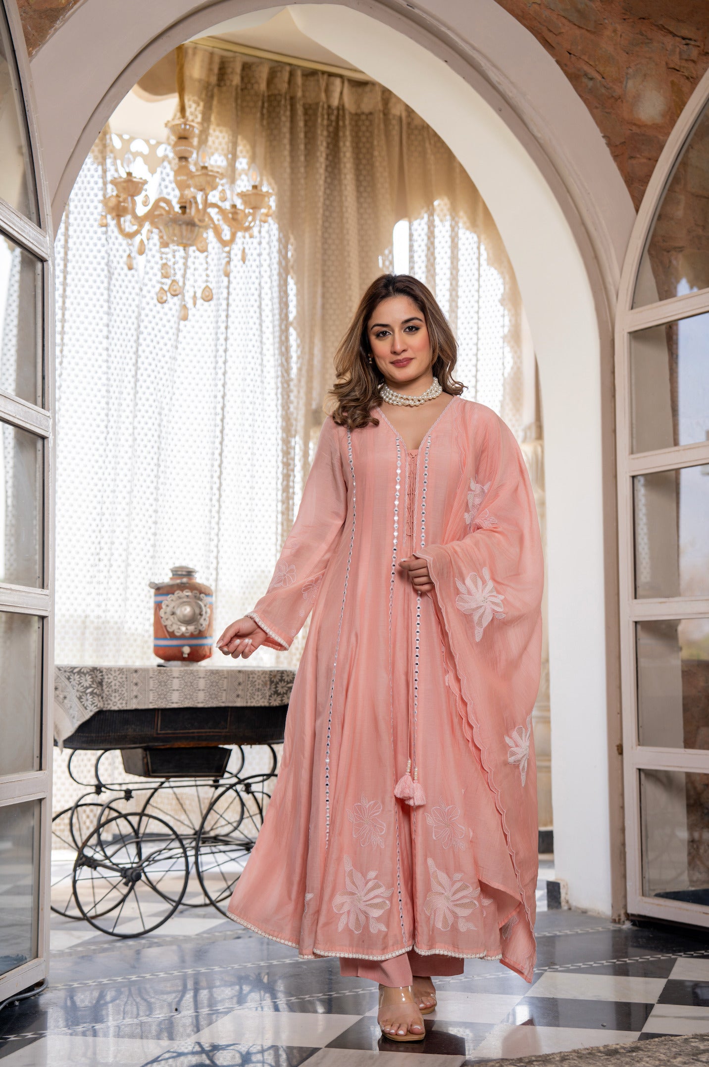 Peach Embroidered Anarkali Kurta Set with Dupatta