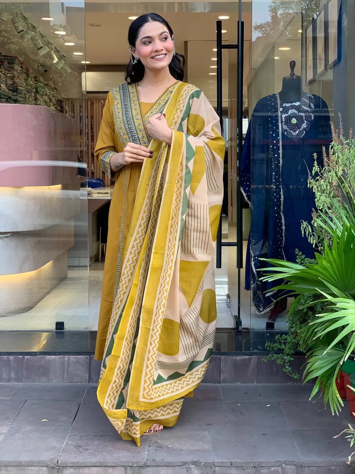 Mustard Yellow Handblock Printed Cotton Anarkali Suit Set with Abstract Dupatta