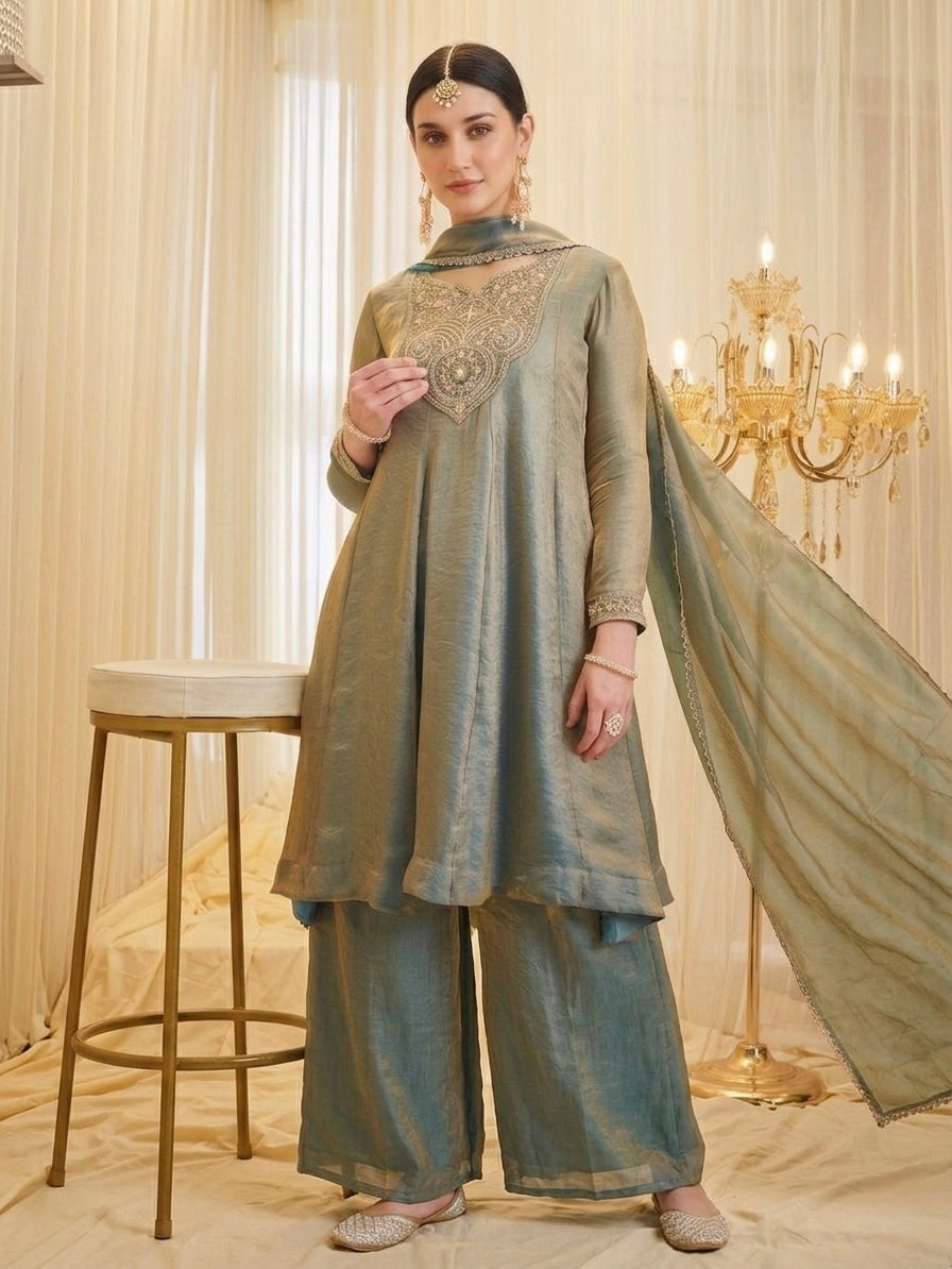 Sage Green Embroidered A-Line Kurta Palazzo Set with Dupatta