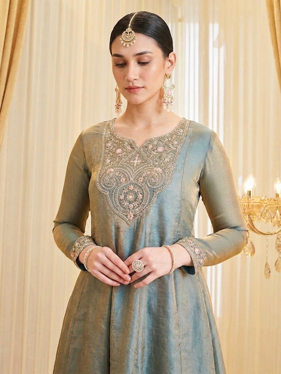 Sage Green Embroidered A-Line Kurta Palazzo Set with Dupatta