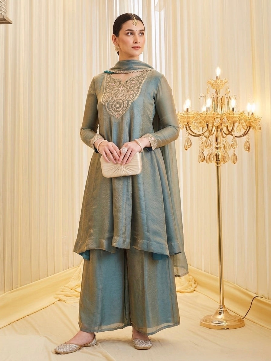 Sage Green Embroidered A-Line Kurta Palazzo Set with Dupatta
