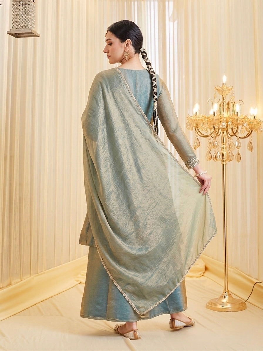 Sage Green Embroidered A-Line Kurta Palazzo Set with Dupatta