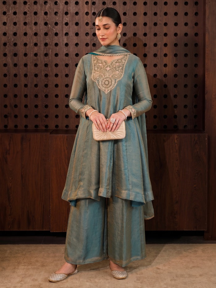 Sage Green Embroidered A-Line Kurta Palazzo Set with Dupatta
