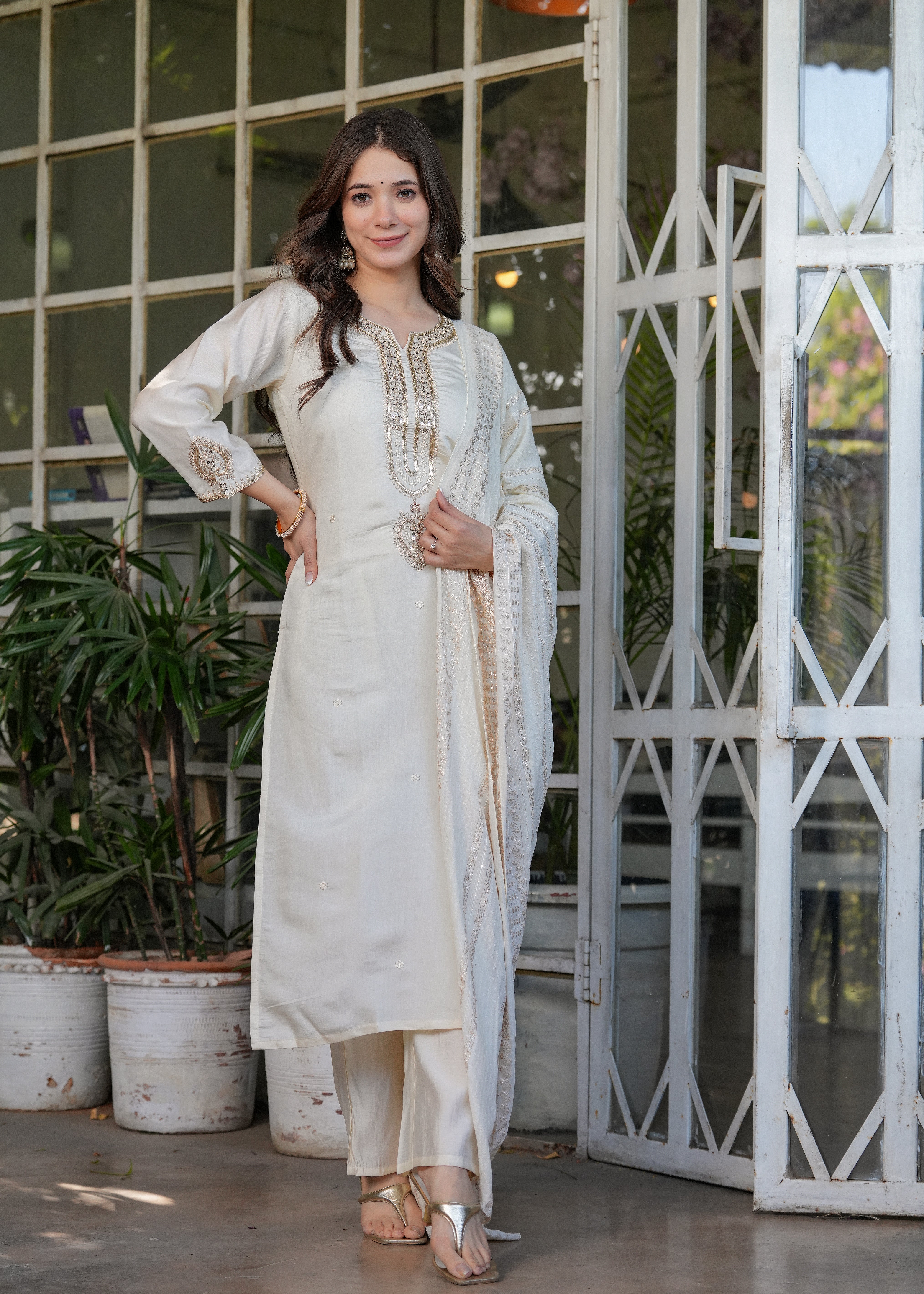 Elegant Off-White Embroidered Kurta Pant Set with Designer Dupatta for Women