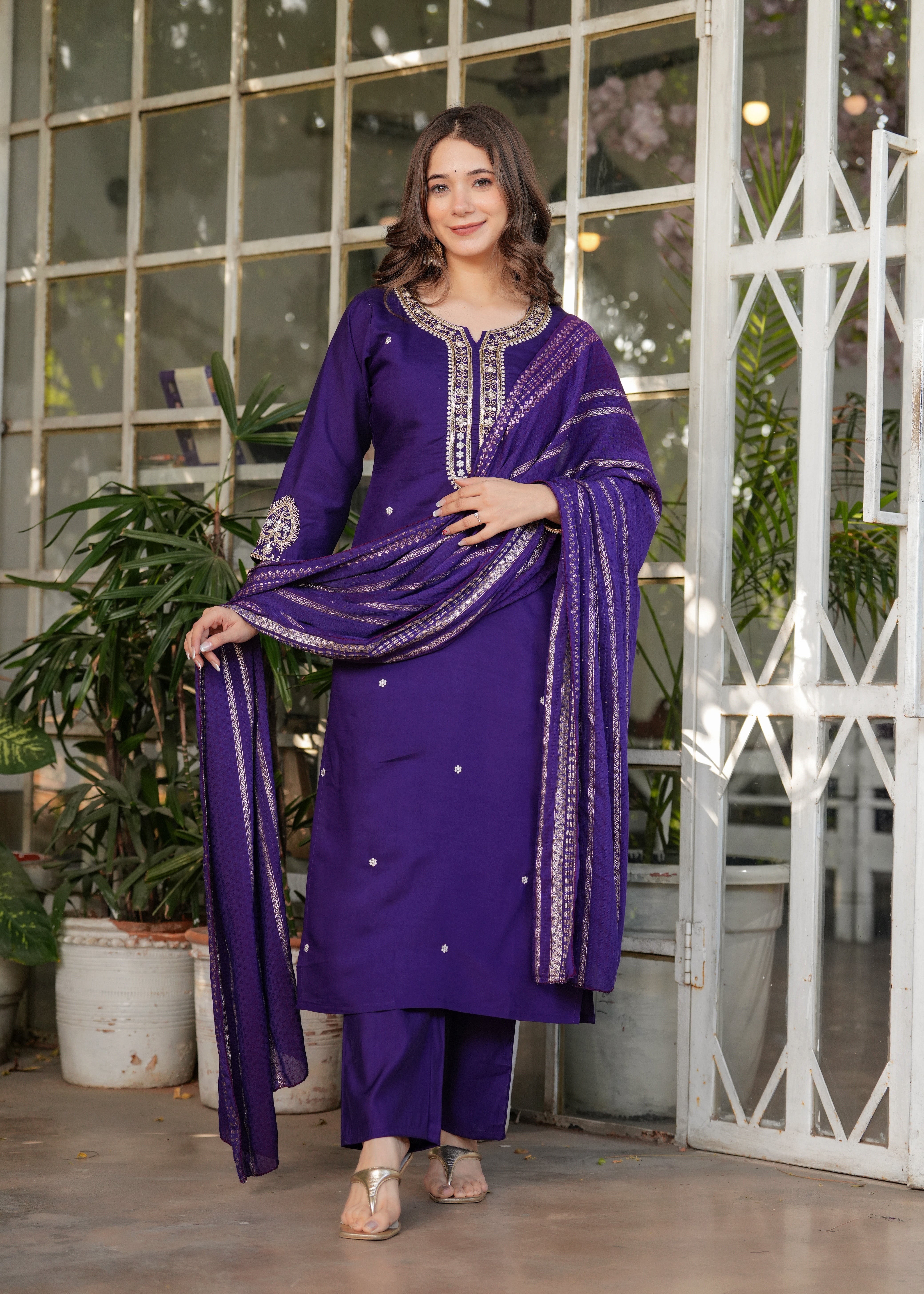 Elegant Purple Embroidered Kurta Pant Set with Designer Dupatta for Women