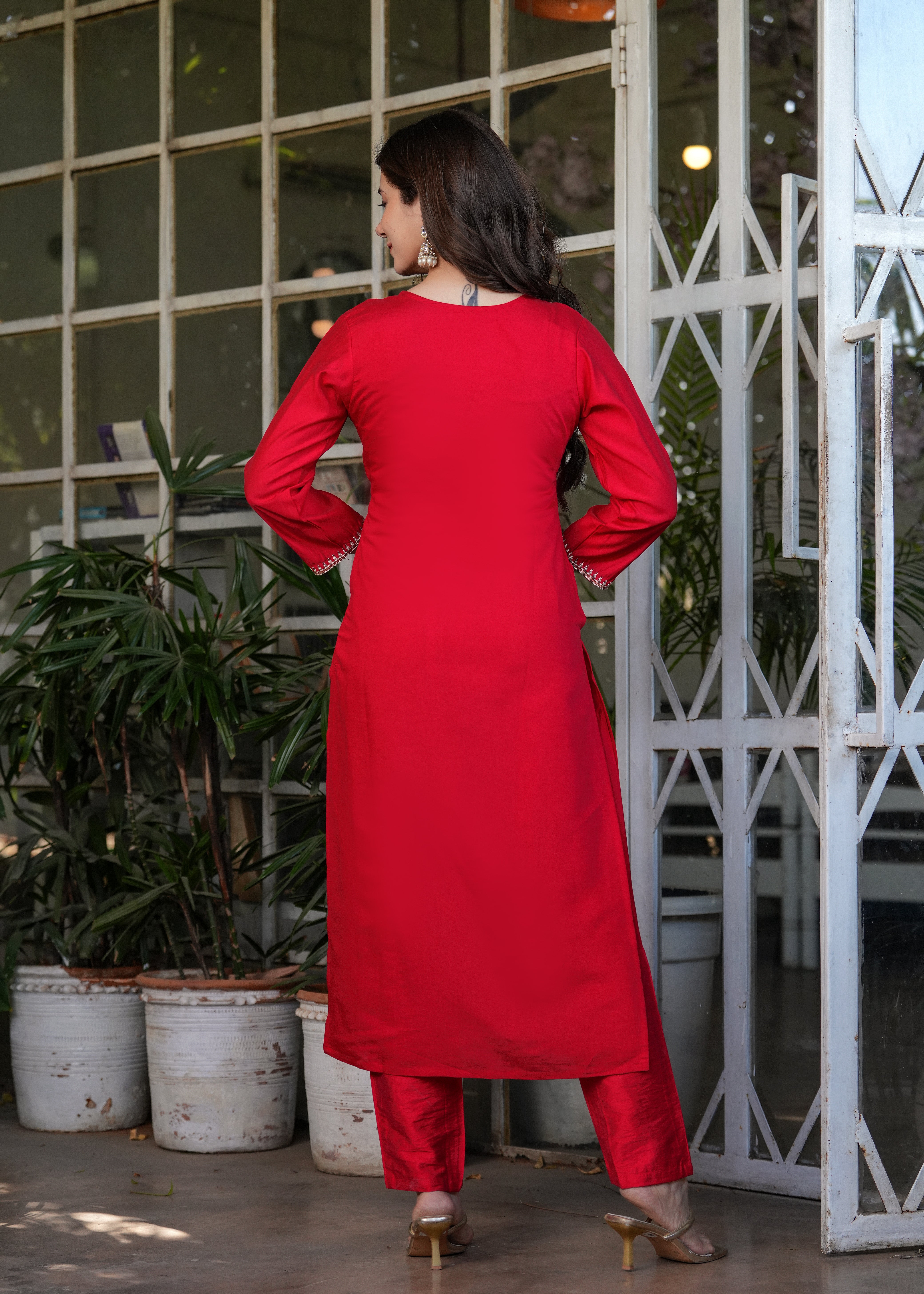 Elegant Red Embroidered Kurta Pant Set with Designer Dupatta for Women
