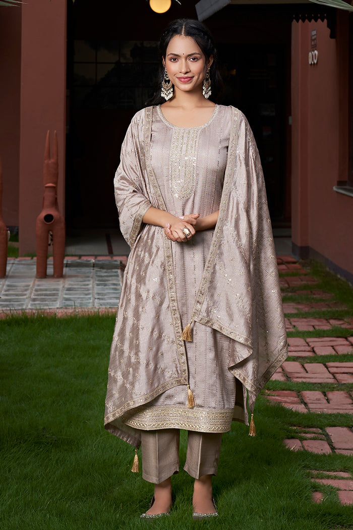 Champagne Beige Embroidered Kurta Pant Set with Vichitra Silk Dupatta