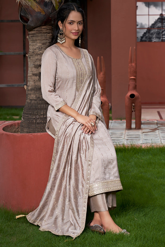 Champagne Beige Embroidered Kurta Pant Set with Vichitra Silk Dupatta