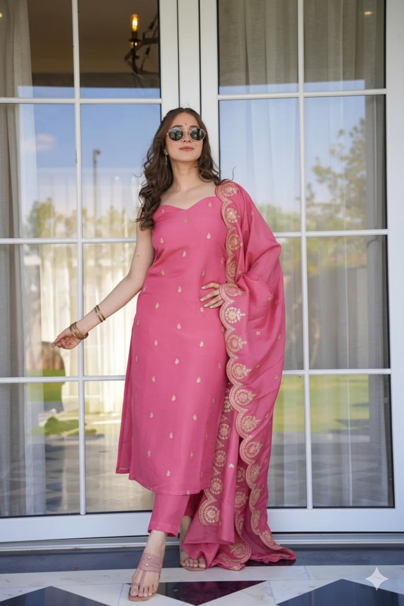 Pink Embroidered Kurta Pant Set with Designer Dupatta for Women