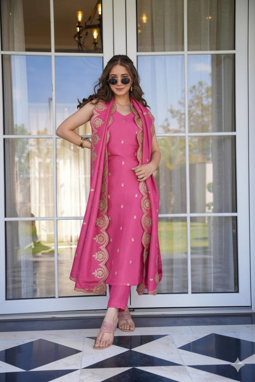 Pink Embroidered Kurta Pant Set with Designer Dupatta for Women