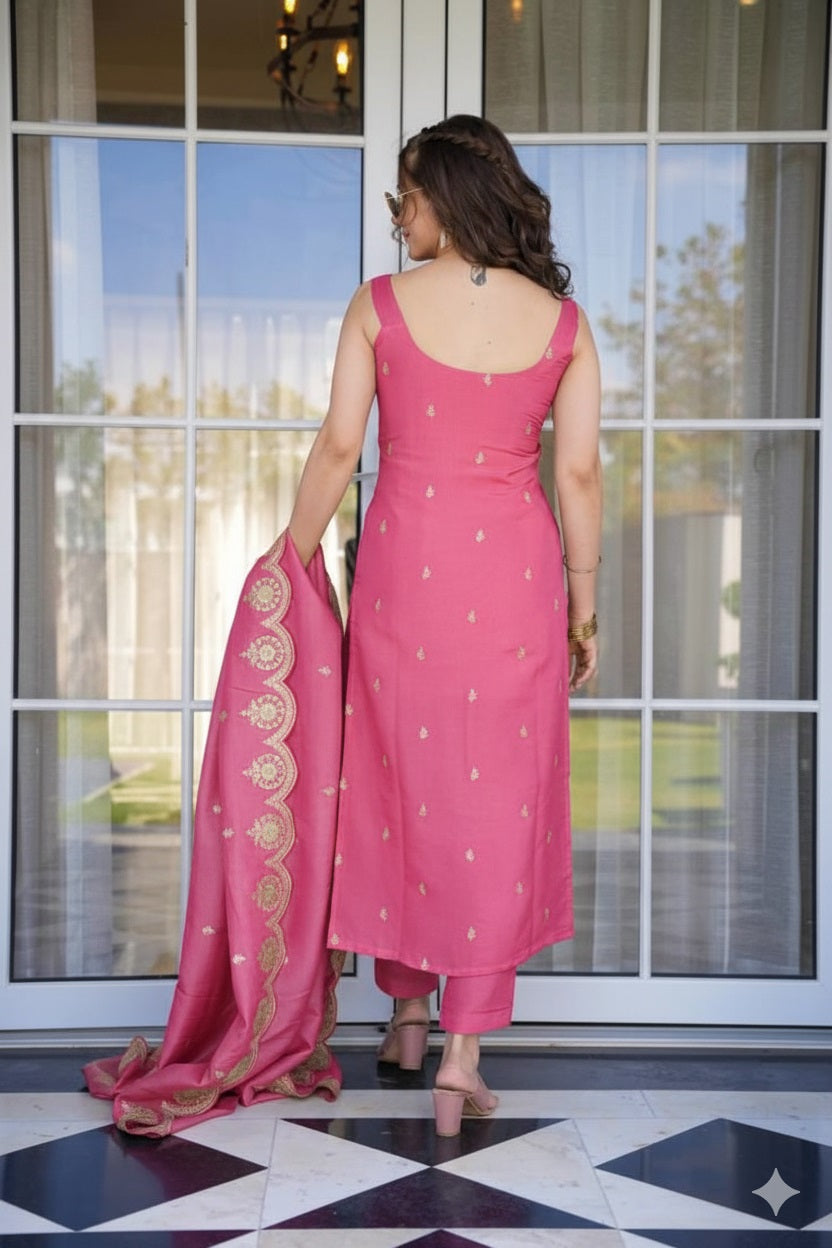 Pink Embroidered Kurta Pant Set with Designer Dupatta for Women