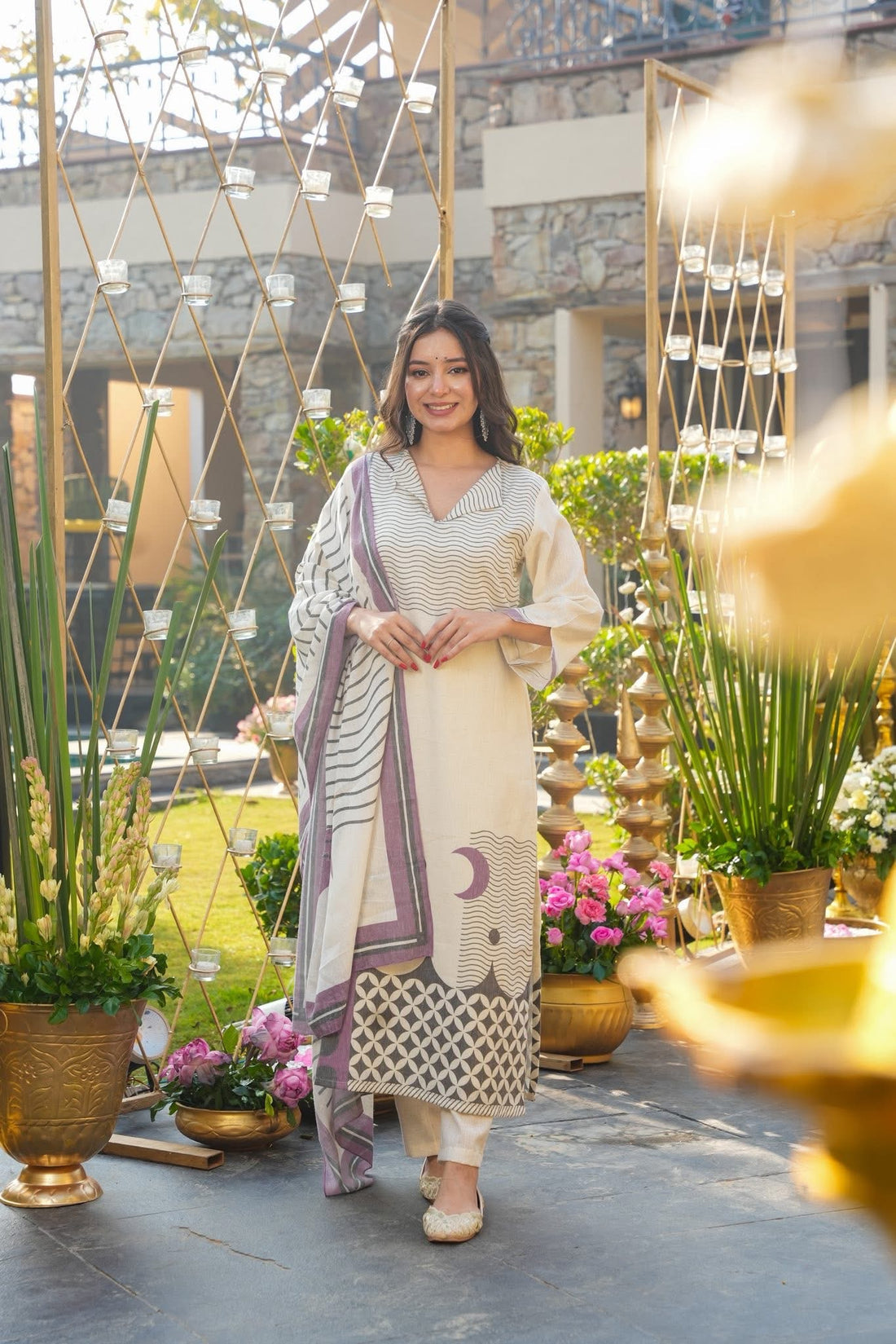 Ivory Printed Kurta Pant Set with Coordinated Dupatta