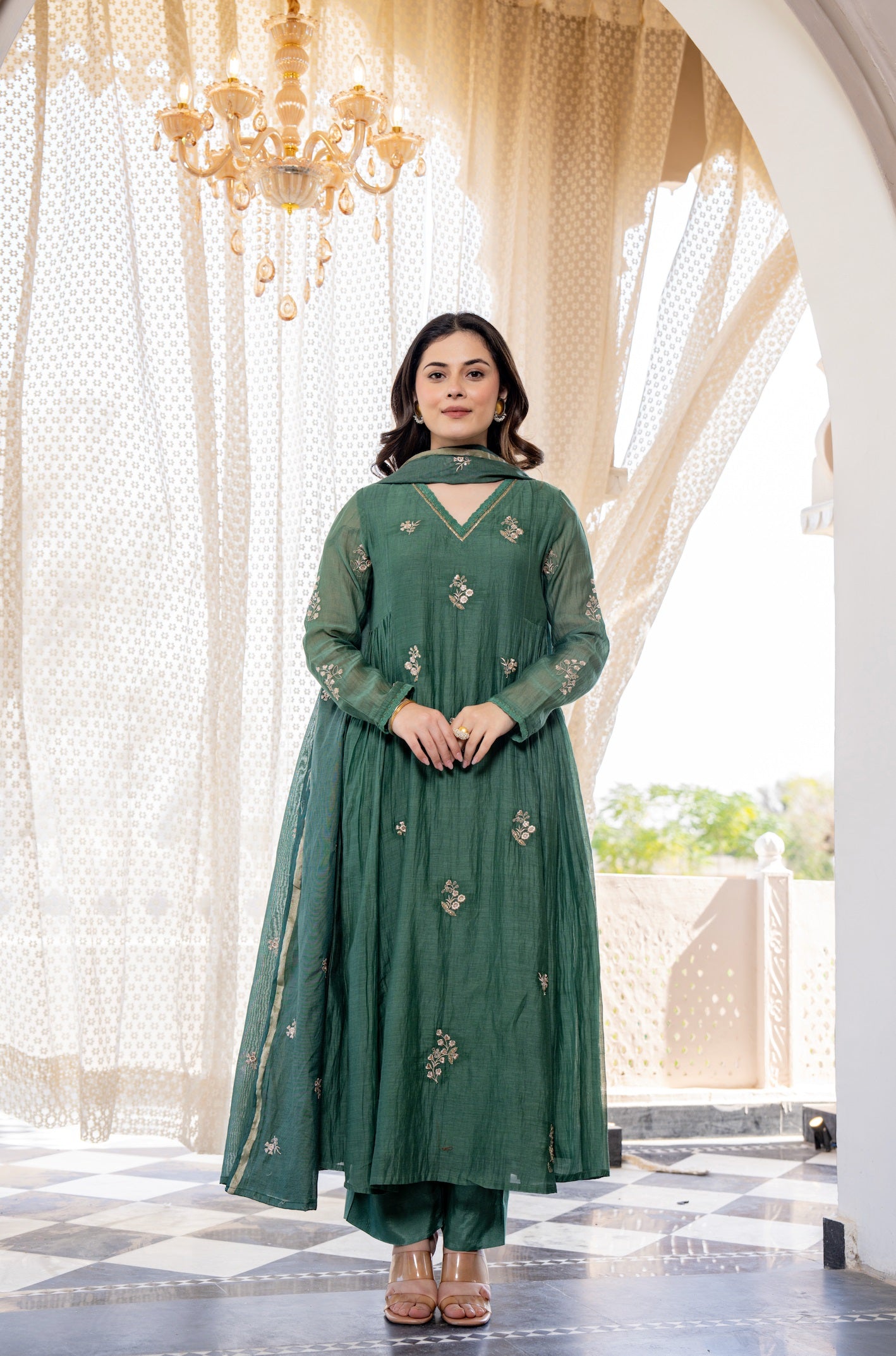 Elegant Green Embroidered Anarkali Kurta Set with Dupatta for Women
