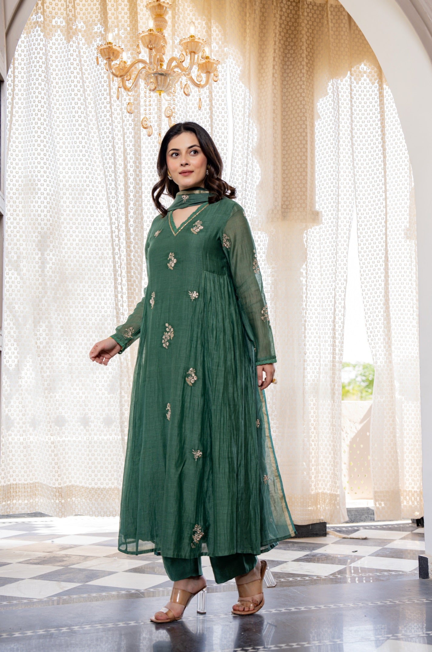 Elegant Green Embroidered Anarkali Kurta Set with Dupatta for Women