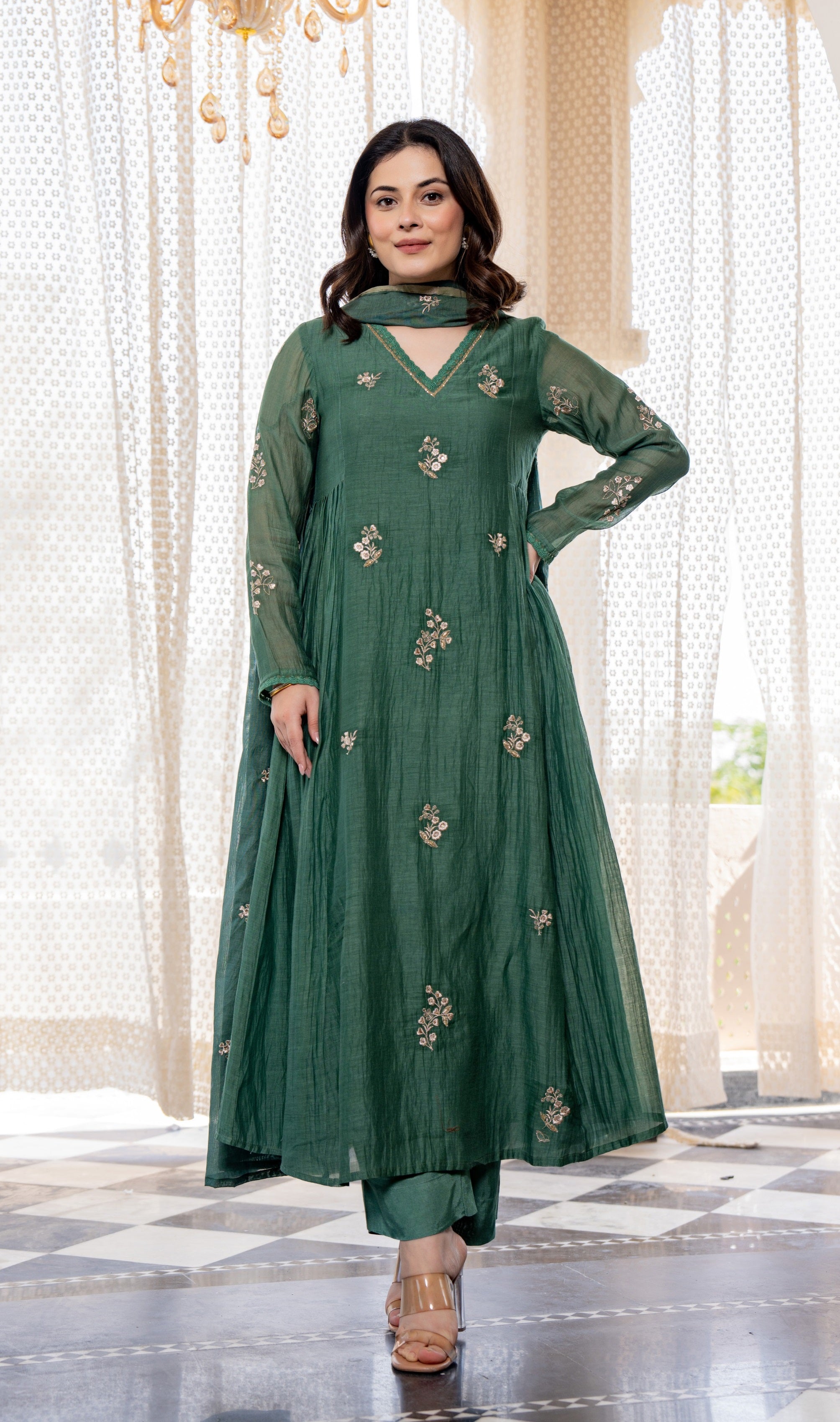 Elegant Green Embroidered Anarkali Kurta Set with Dupatta for Women