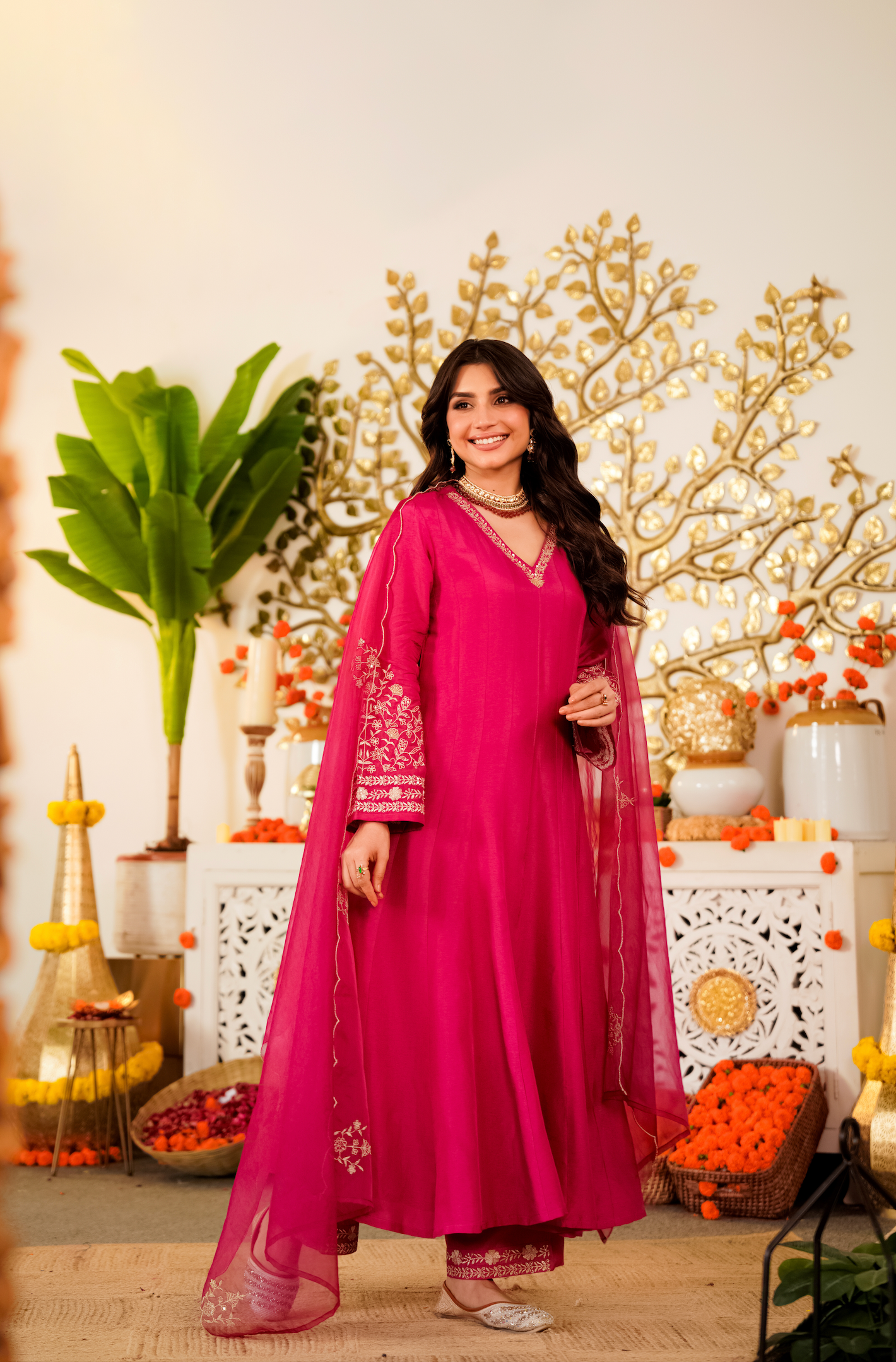 Fuchsia Pink Anarkali Kurta Set with Embroidered Organza Dupatta