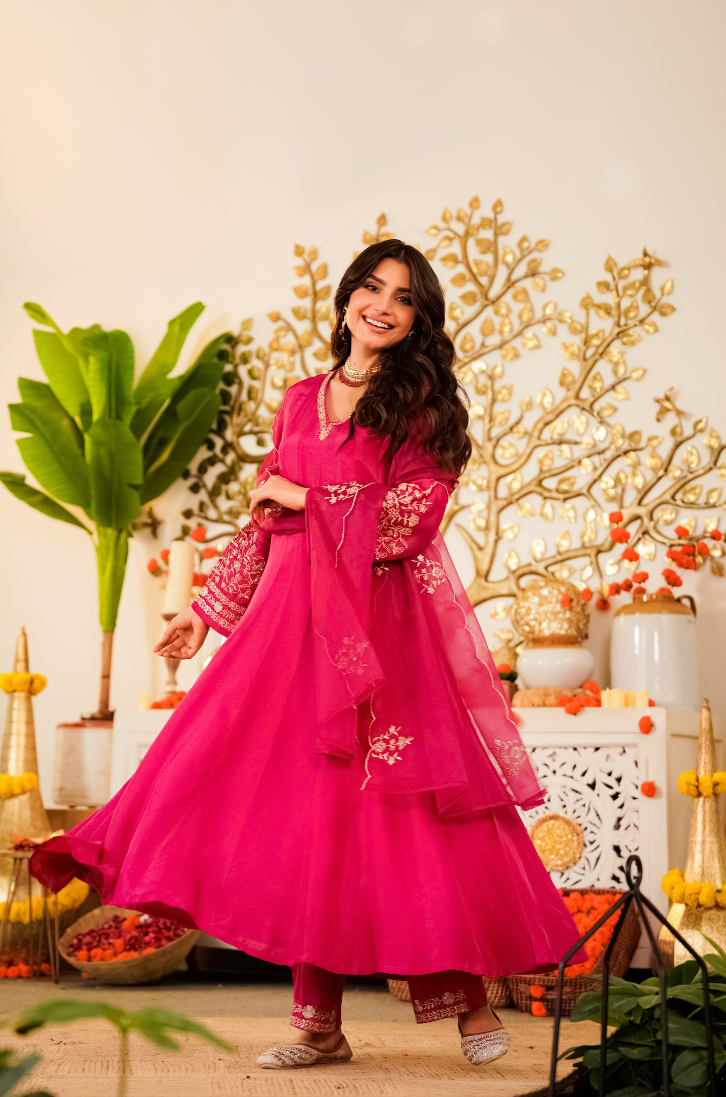 Fuchsia Pink Anarkali Kurta Set with Embroidered Organza Dupatta