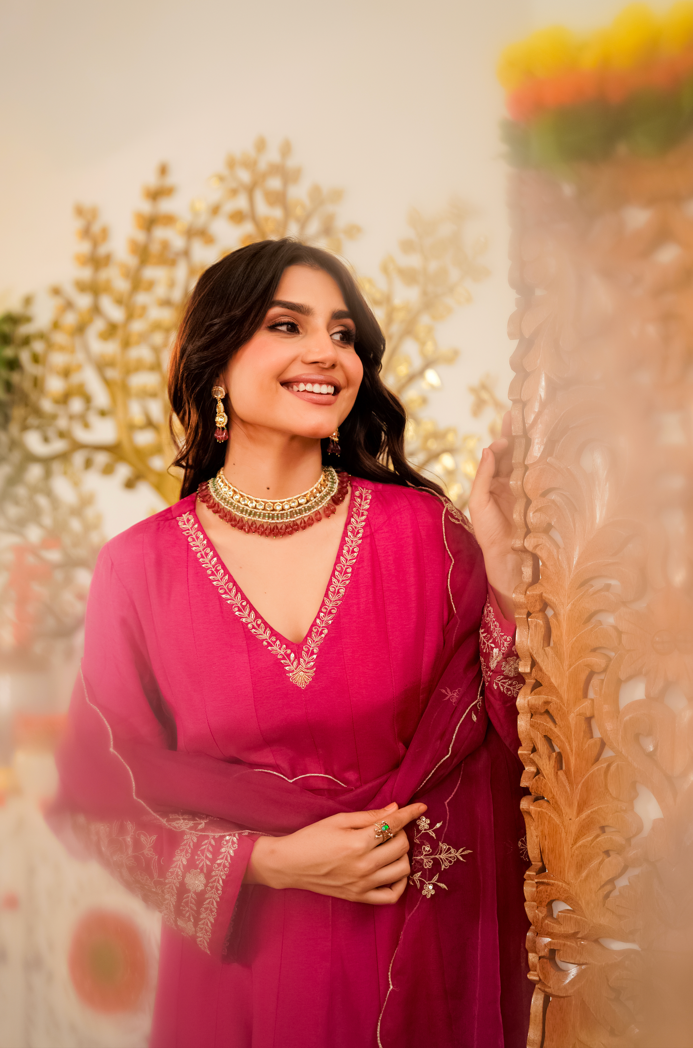 Fuchsia Pink Anarkali Kurta Set with Embroidered Organza Dupatta