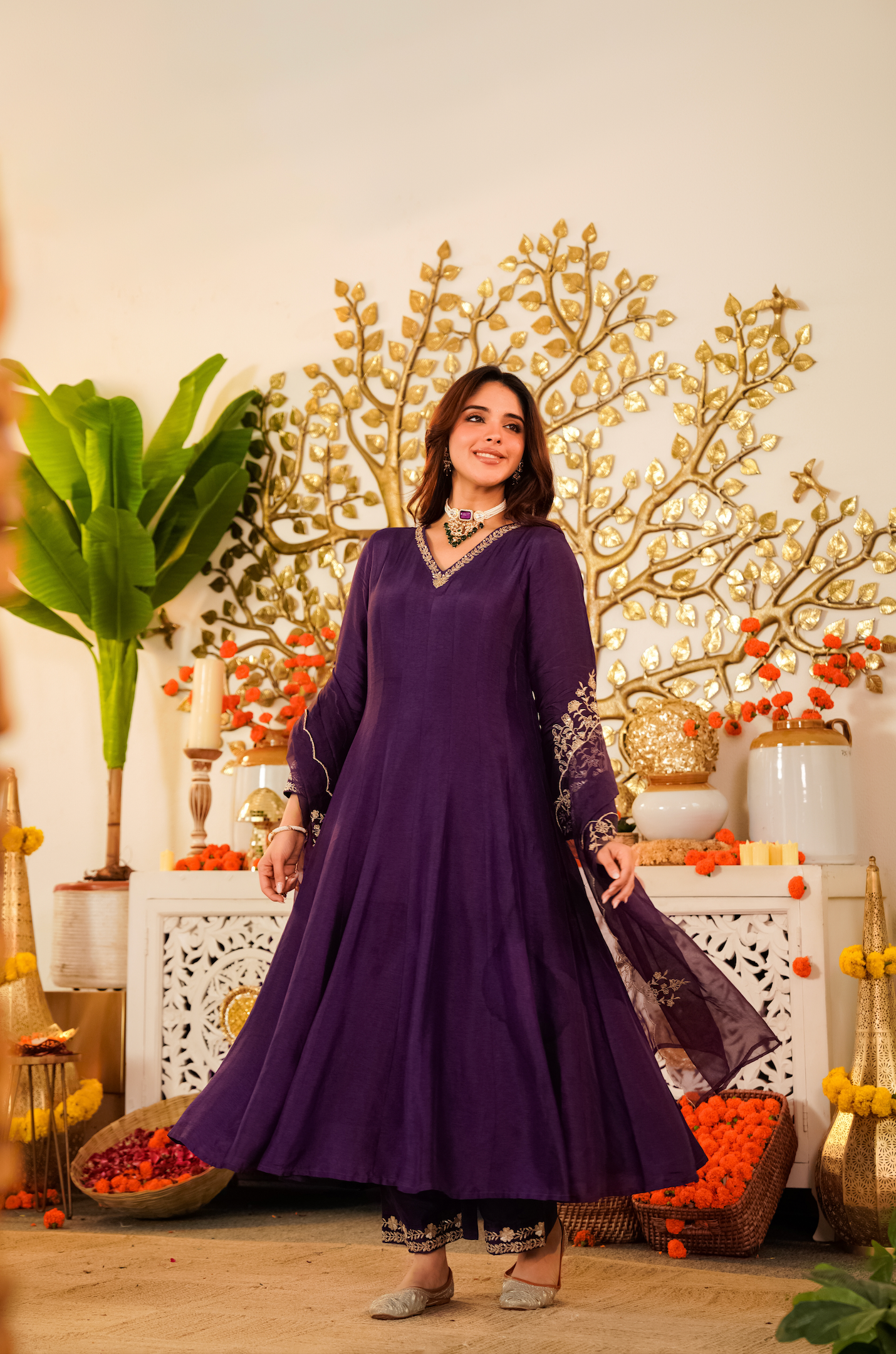Royal Purple Anarkali Kurta Set with Embroidered Organza Dupatta