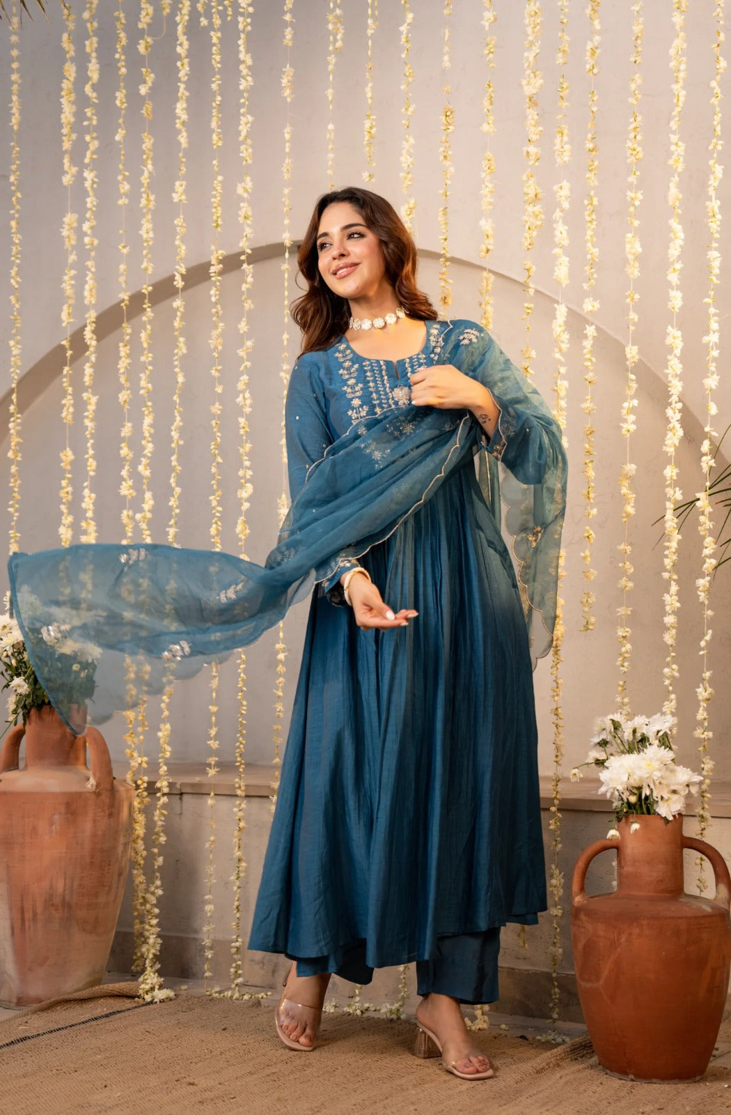 Elegant Blue Embroidered Anarkali Kurta Set with Dupatta for Women